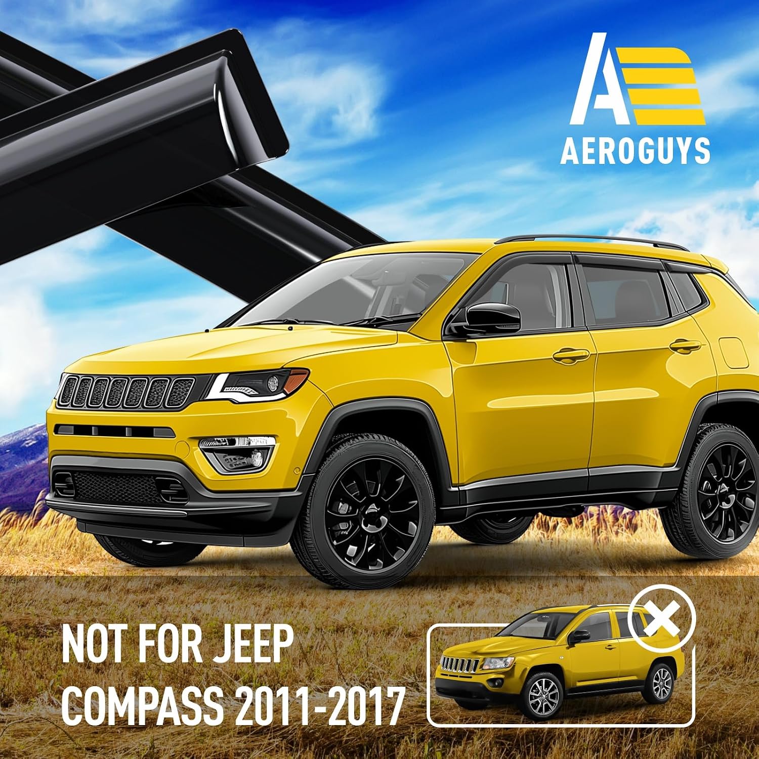 Extra Durable Window Deflectors Tape-On Window Visors Rain Guards Fit for Jeep Compass 2017-2026, Sun Visors, Wind Vent for Shades, Exterior Car Accessories - 6pcs. AG0271