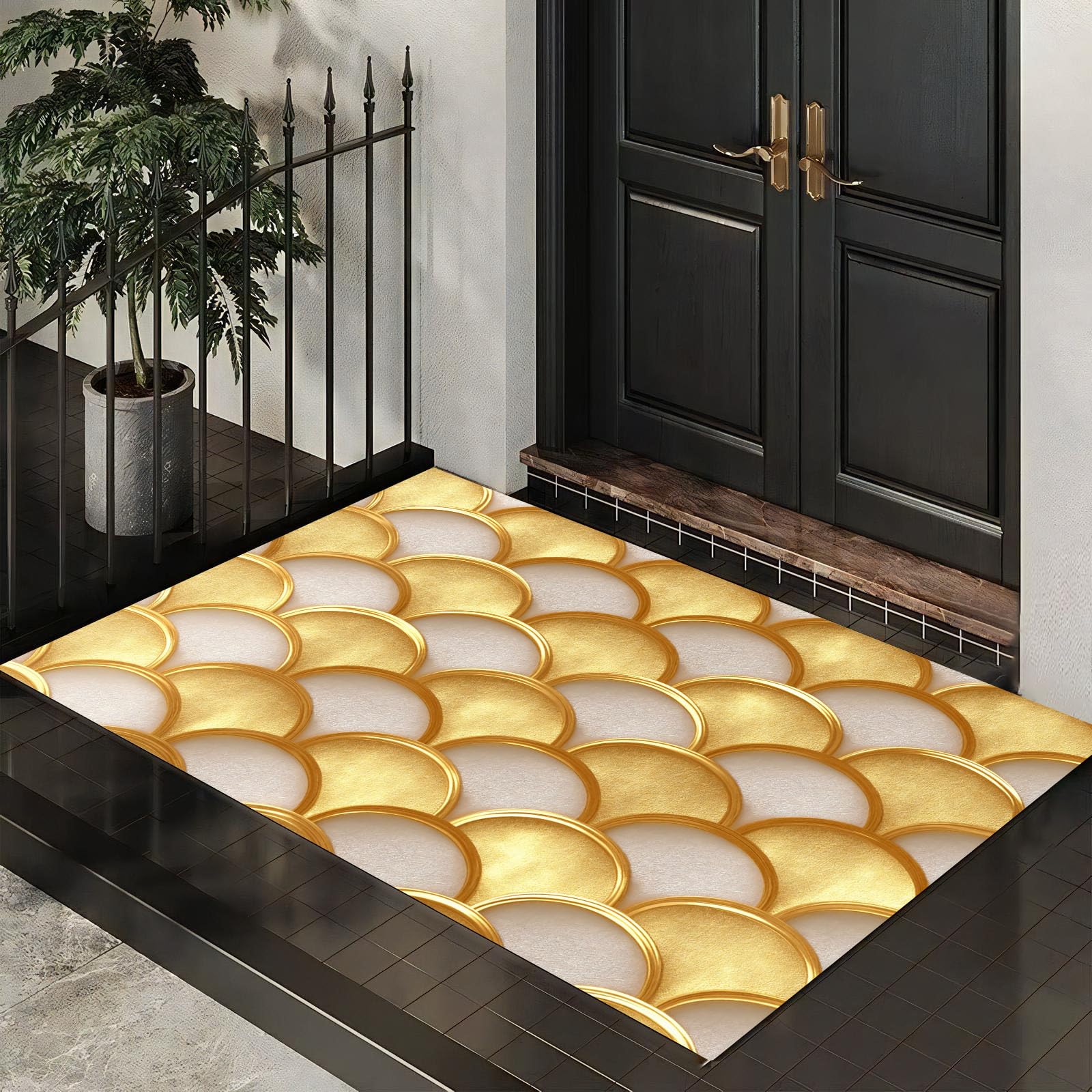 Paillasson d'entrée absorbant 60 x 90 cm tapis de sol or géométrie 3D