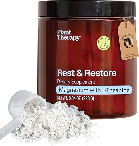 Plant Therapy Polvo de glicinato de magnesio sin sabor fabricado en Estados Unidos con L-teanina Rest & Restore 4 meses de suministro que promueve