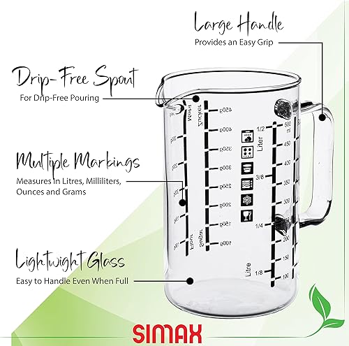 Miniatura 2 de Simax Vaso medidor de vidrio  Vidrio de borosilicato duradero, medidas métricas fáciles de leer litro, mililitro, onzas, gramos de azúcar, gramos de