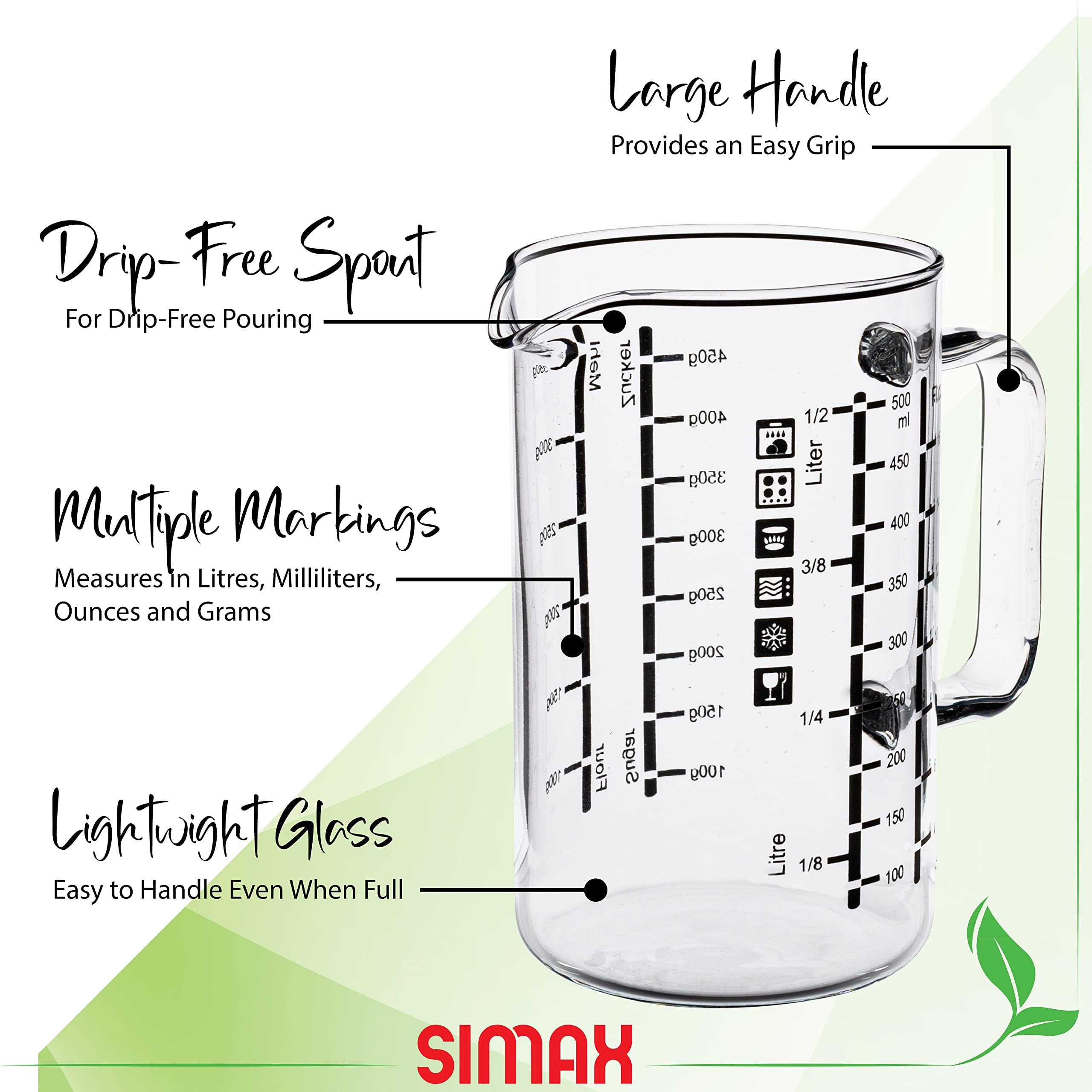 Simax Taza medidora de vidrio: tazas medidoras de vidrio de 16 onzas, taza medidora de litros, onzas y ml para líquido, tazas medidoras métricas de vidrio de borosilicato en gramos, mide harina y