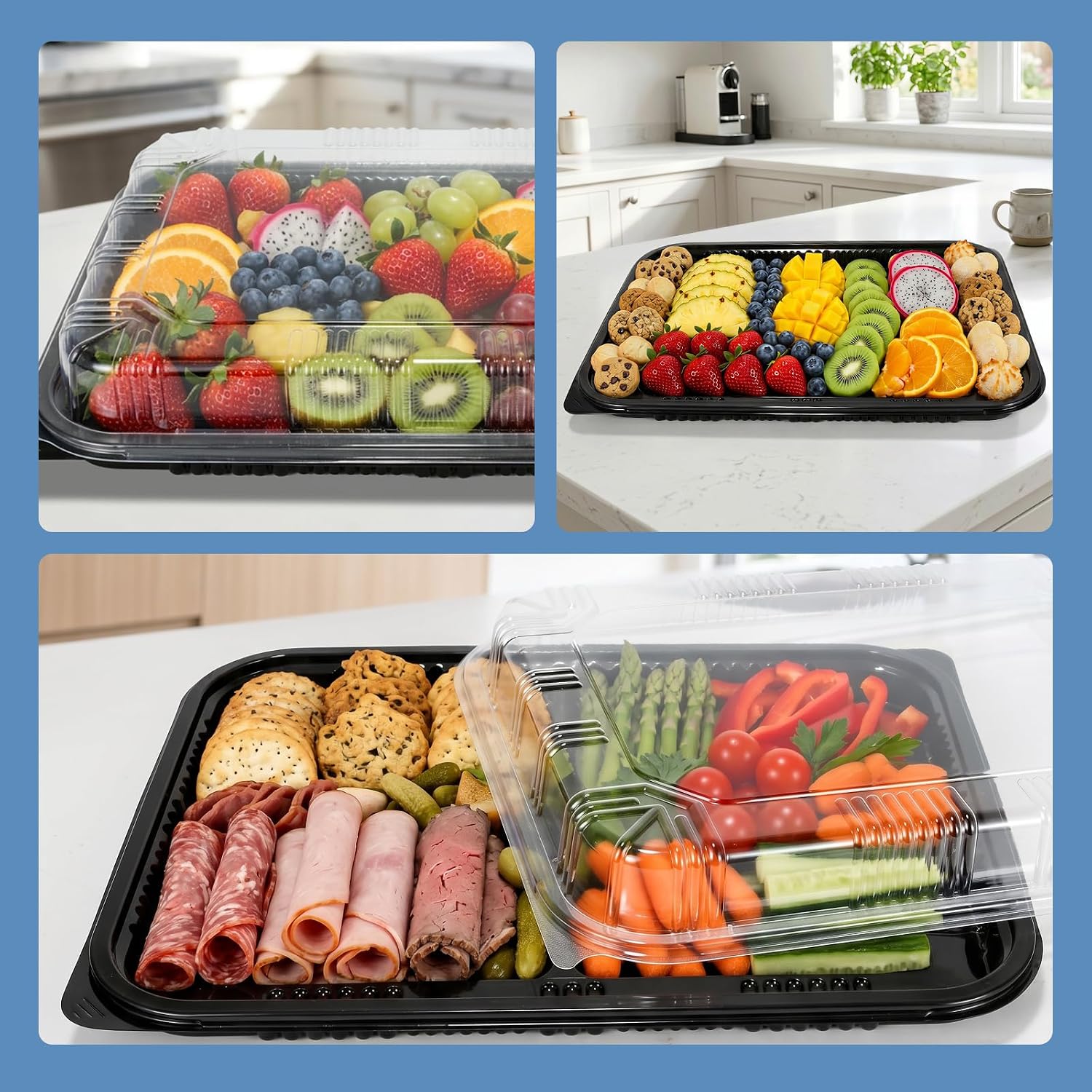 10 Pack Catering Trays with Lids, 13" Charcuterie Board with Lid, Serving Tray with Lid for Cookie, Dessert and Sandwiches, Reusable Plastic Serving Trays for Catering, Buffet