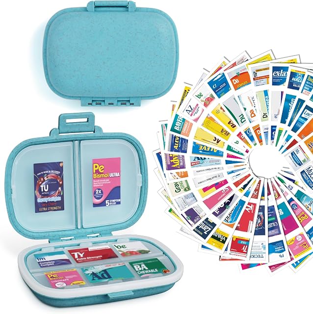 DIY Pharmacie de poche avec étiquettes de médecine, 189 Étiquettes de médicaments & 64 Stickers Blancs, 8 Compartiments Portable Pill Case Petite boîte de médicaments hebdomadaire quotidienne à pilule (Blue)