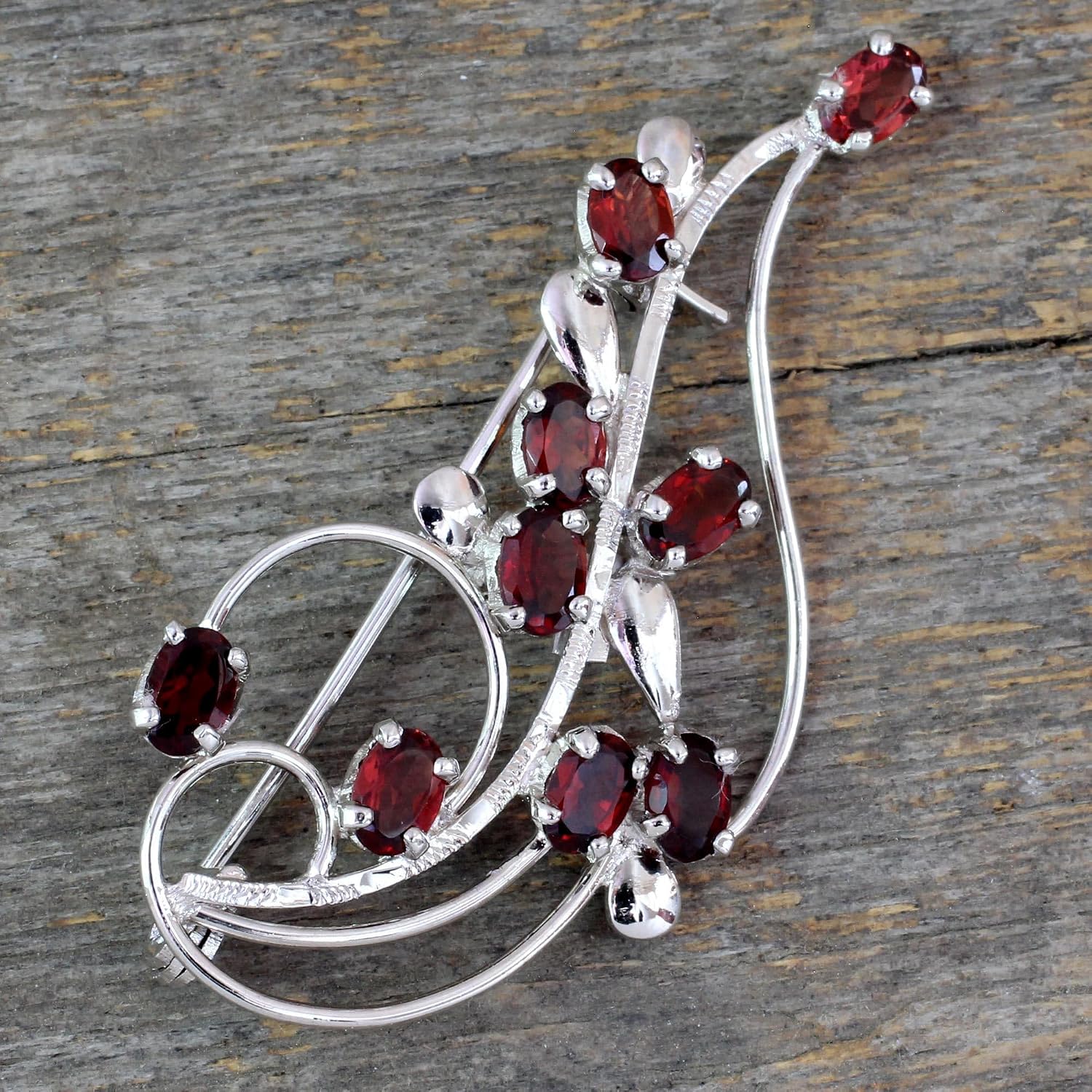 NOVICA Artisan Handmade Garnet Floral Brooch Pin Sterling Silver Red India Aurora Birthstone [2.8 in L x 1.1 in W] ' My Bouquet'