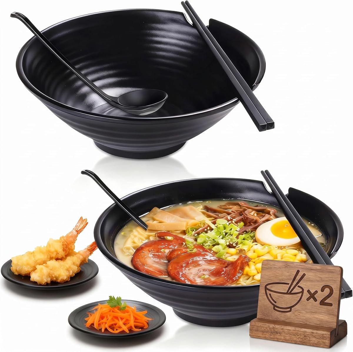 (Set of 2) Unbreakable Japanese Style Ramen Bowl with Chopsticks Spoon & Dipping Bowl Saucers, Large Black Matte Melamine Bowls for Pho Thai Miso Udon Soup Noodles, Asian Food & Wonton