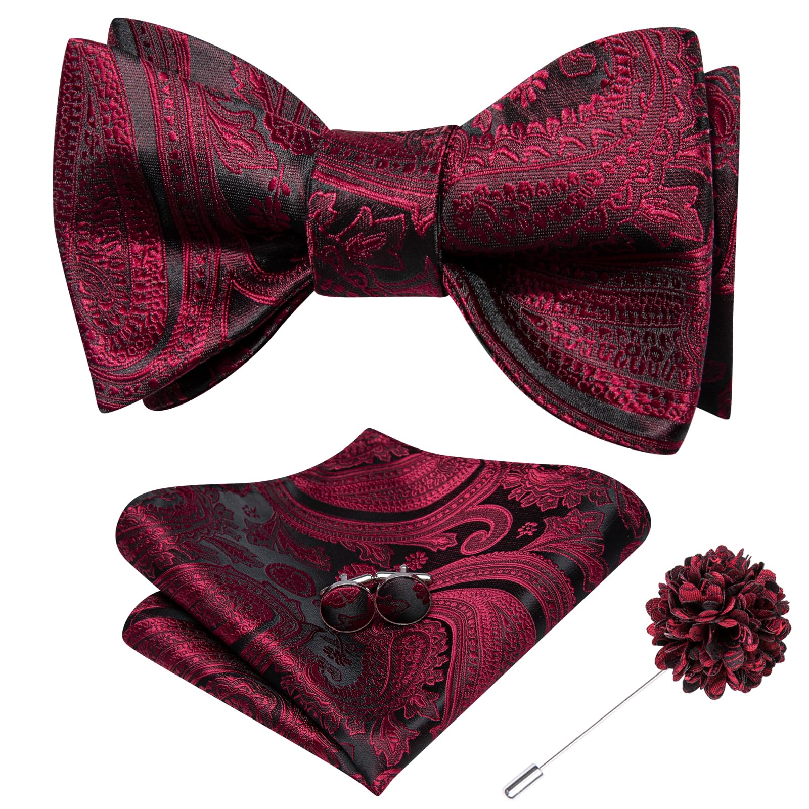 Dubulle Self Tie Bow Ties for Men Silk Paisley Bowtie Lapel Pin Set