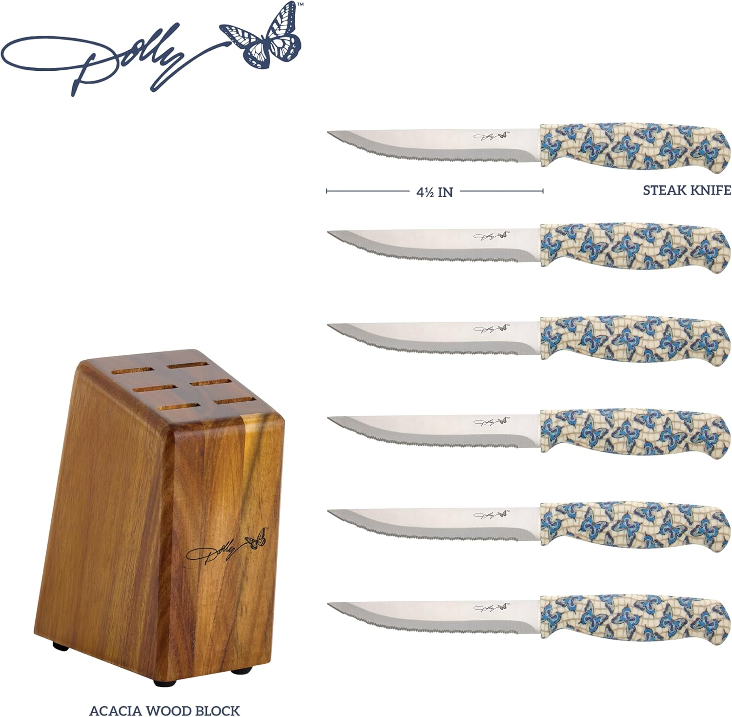 Dolly Parton 7-Piece Steak Knife Set with Blue Handles and Acacia Block for Storage