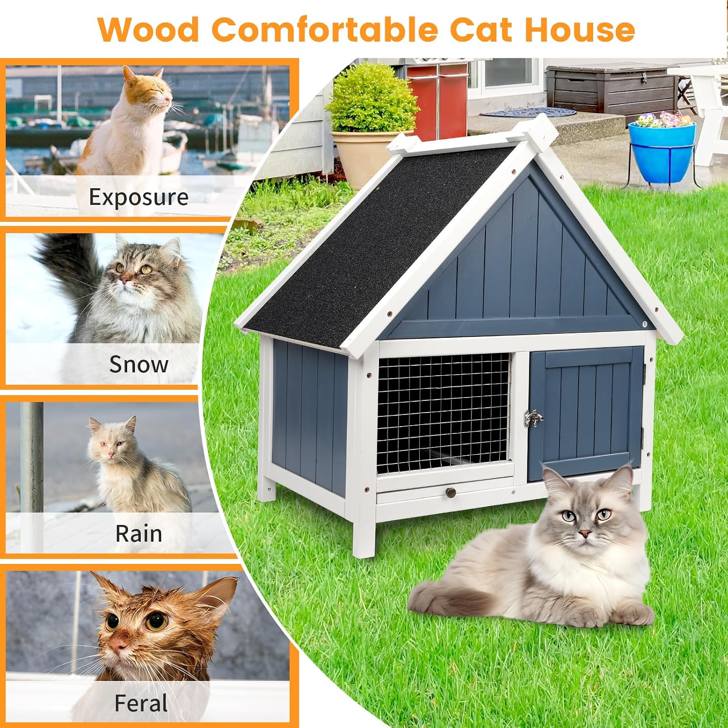 Outdoor Cat/Dog House Small Pet Nest,Wooden Weatherproof Pet Shelter with Elevated Floor,Pet Bowl Hook,Door Bolt,Indoor Outdoor Pet House for Cats,Dogs,Rabbits(Blue)