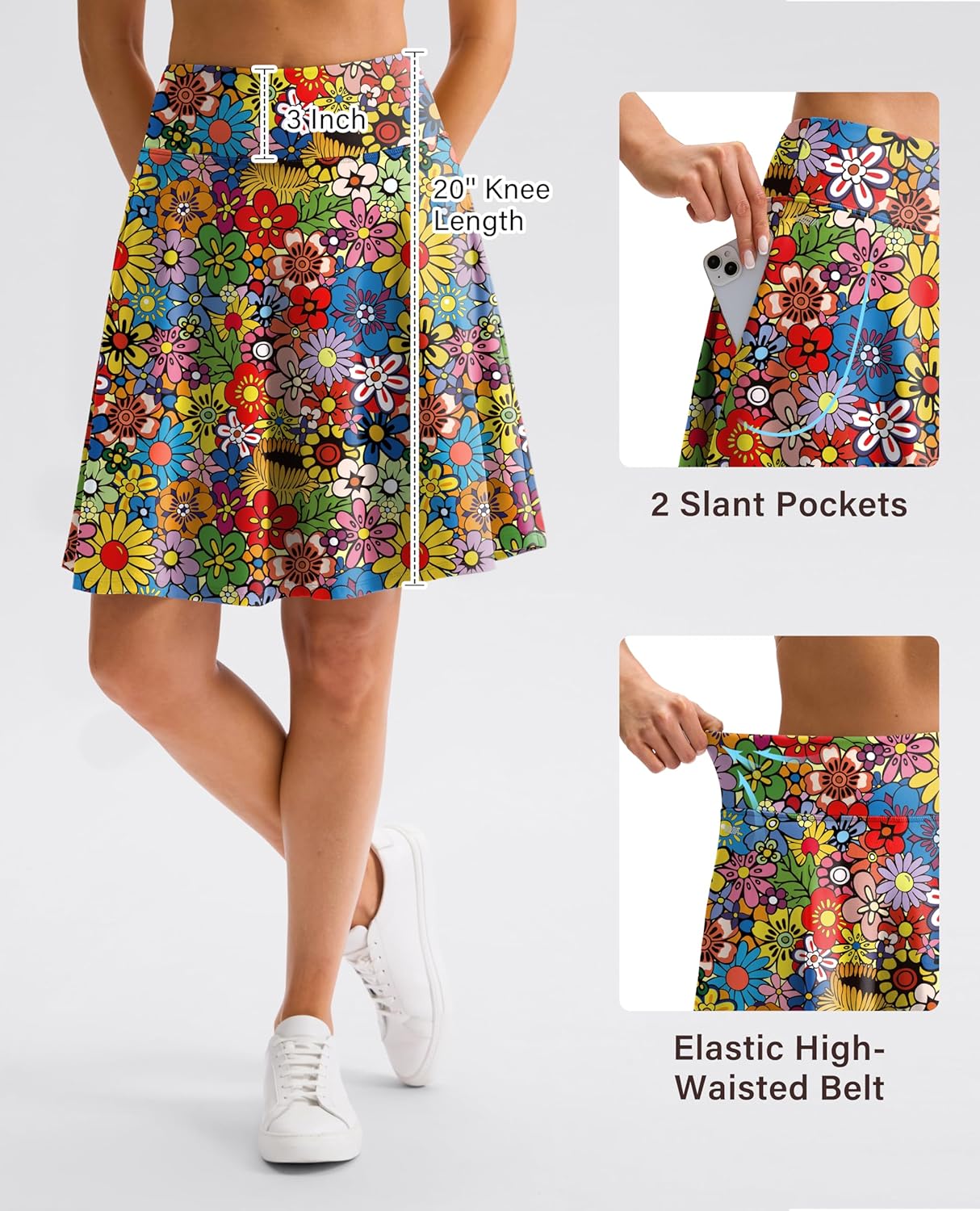 Viodia 20'' Knee Length Skorts for Woman with Pockets Tennis Golf Athletic Skort High Waisted Long Skirts with Shorts