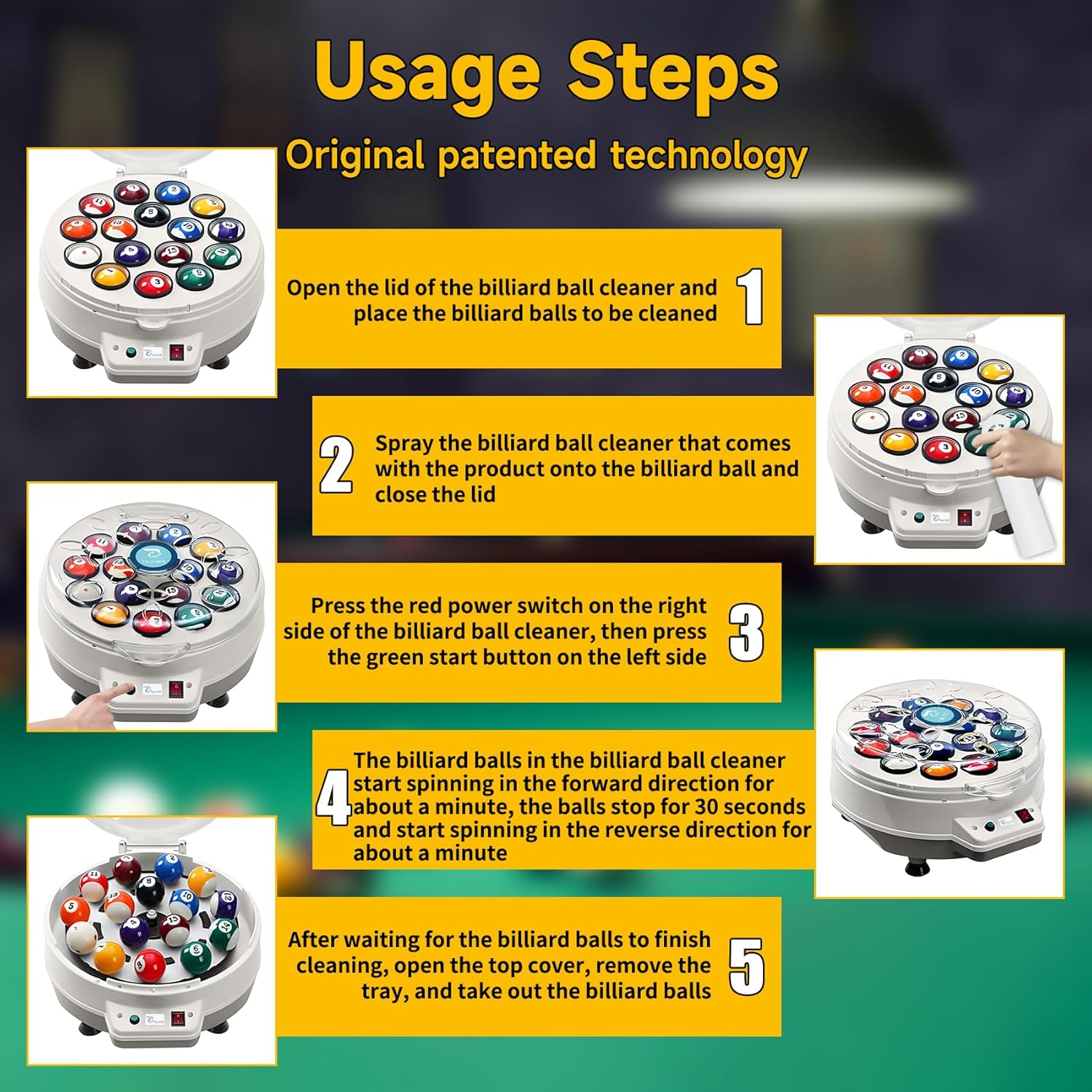 Step-by-step visual guide for using the NURATIT Billiard Ball Cleaner.