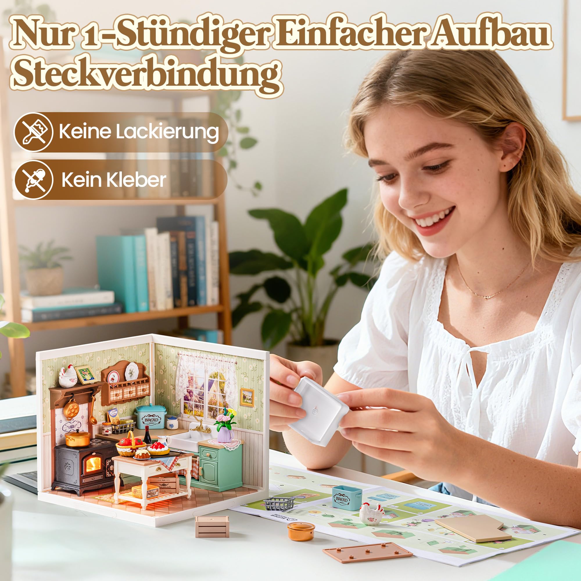 Rolife Super Creator DIY Miniature House Miniatur Haus Bausatz Selber Bauen Deko für Schreibtisch Bücherregal Modellbausatz Diorama Modellbau Bastelset für Kinder (Farmhouse Kitchen)