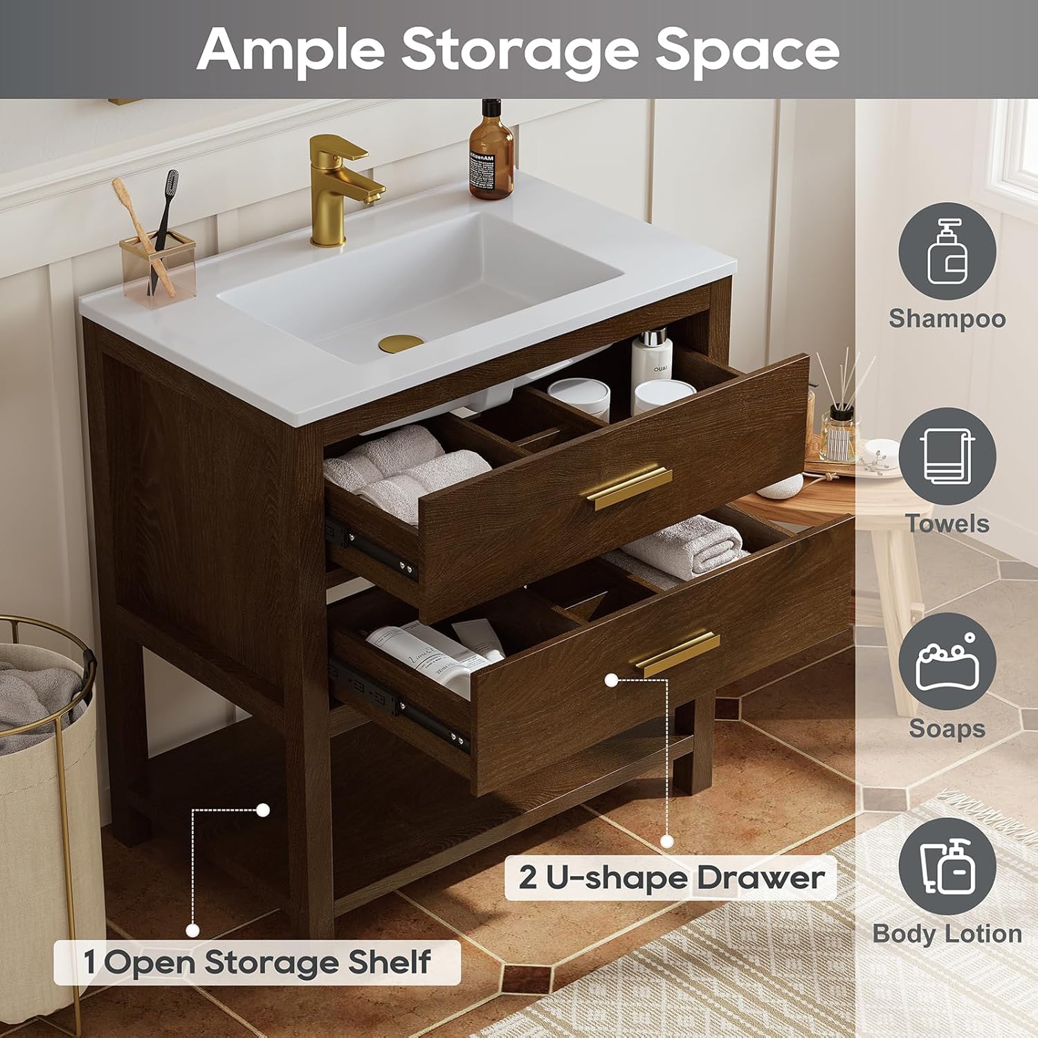 30 Inch Bathroom Vanity with Sink, Farmhouse Storage Cabinet with Drawers & Open Storage Shelf, Easy Assembly, Adjustable Feet, Walnut