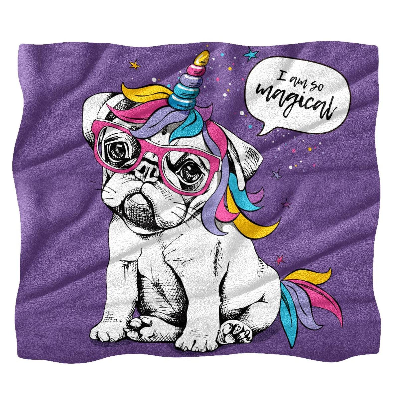 Fleece Throw Blanket Cute Unicorn Pug Dog Purple for Couch Sofa or Bed Cozy Soft Blankets