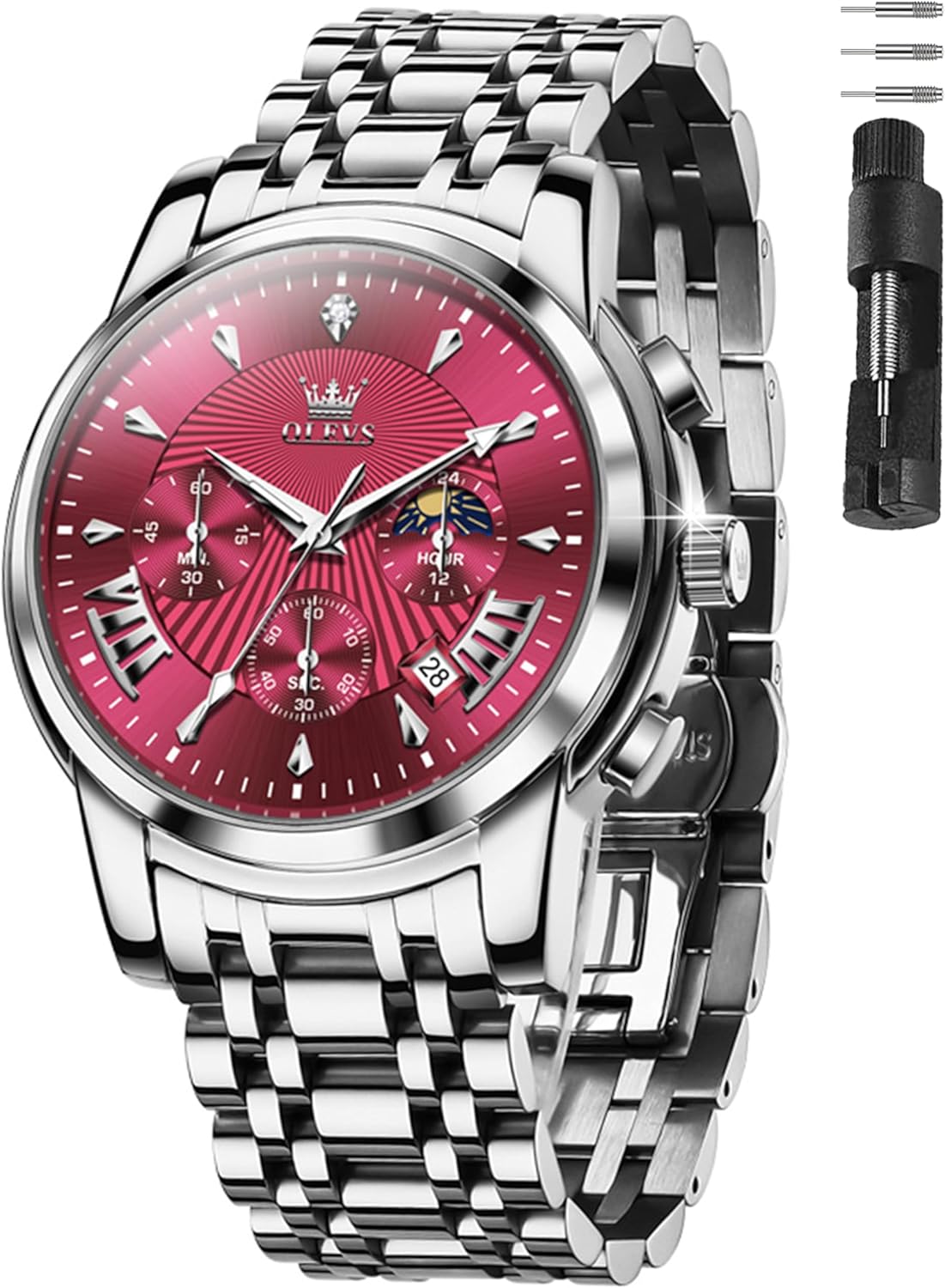 OLEVS Watches for Men Dress Watch Chronograph Luxury Stainless Steel Big Face Men Watches Multi-Function Easy to Read Diamond Roman Numerals Business Wristwatch Reloj para Hombre