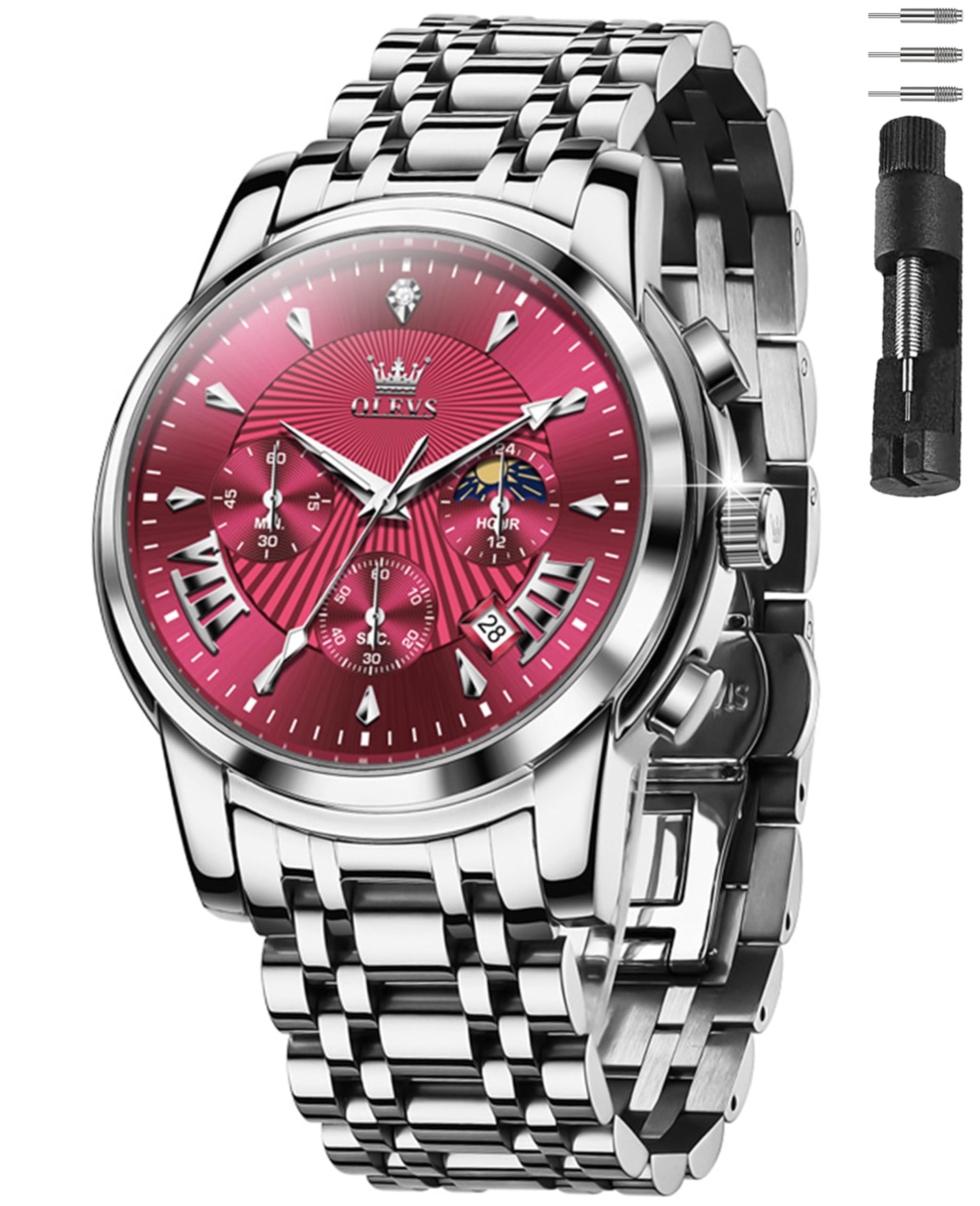 OLEVS Watches for Men Dress Watch Chronograph Luxury Stainless Steel Big Face Men Watches Multi-Function Easy to Read Diamond Roman Numerals Business Wristwatch Reloj para Hombre
