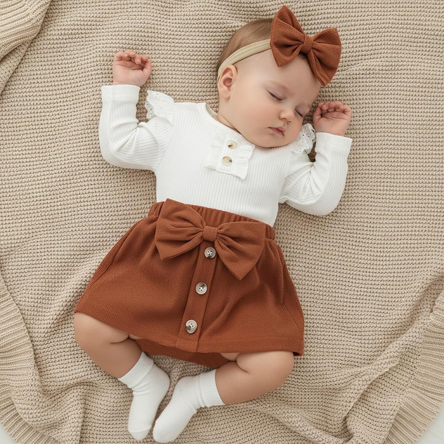 Honganda 3Pcs Infant Baby Girl Skirt Outfit Set Long Sleeve Ruffle Knit Ribbed Romper with Mini Corduroy Skirt with Headband