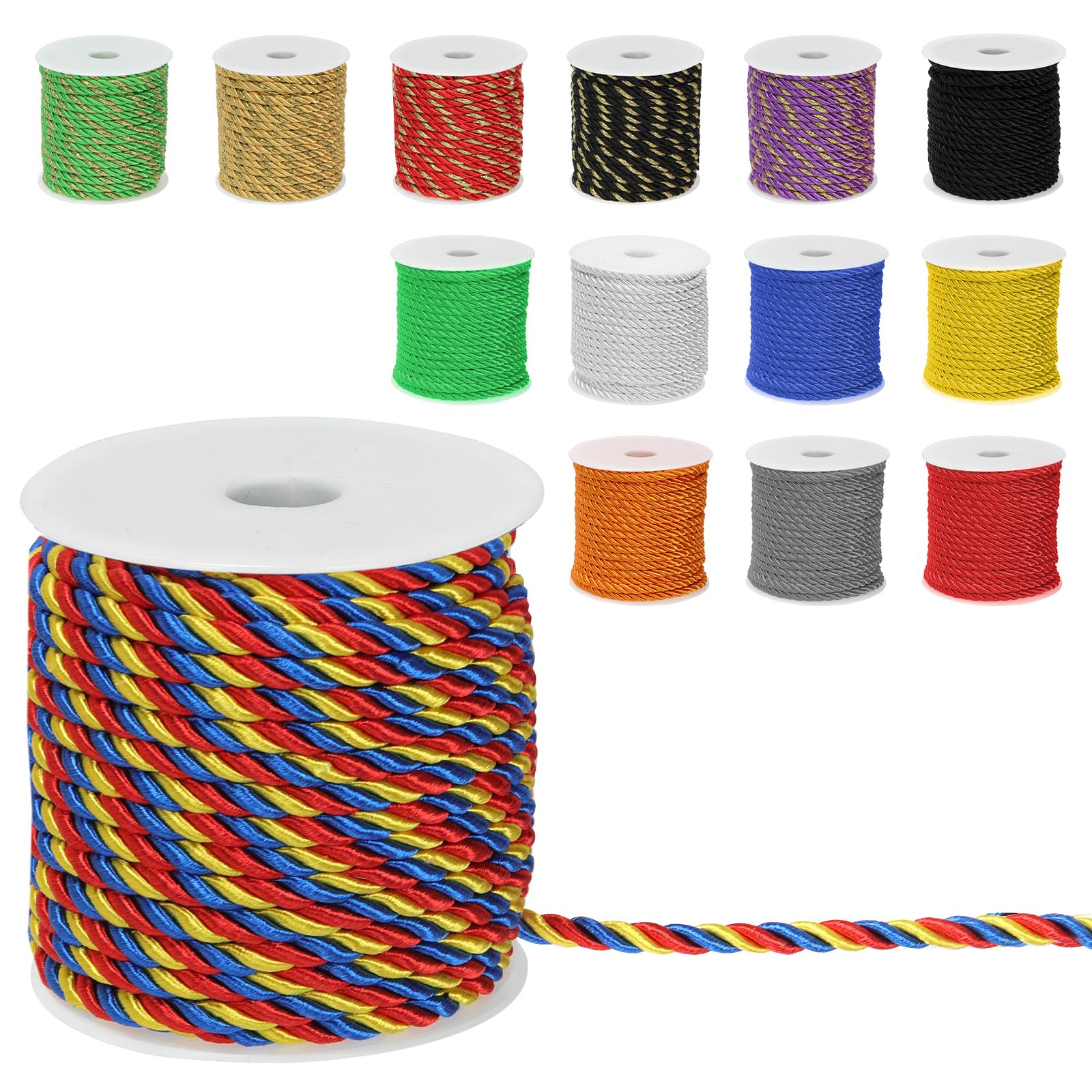 Mardatt 1Pcs 5mm x 18m 3-Ply Twisted Cord, Twisted Silk Rope Cord Polyester Braided Decorative Rope for Home Decor, DIY Crafts, Curtain Tieback, Red+Yellow+Blue