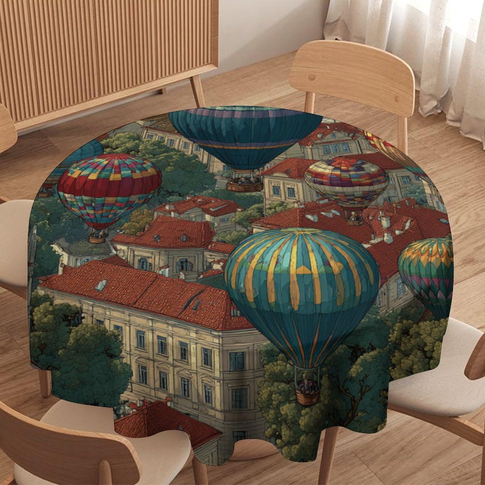 LUYYSKY Beautiful Classic Hot Air Balloon Waterproof Round Tablecloth Rustic European Italian Town Pattern Washable Table Cover for Kitchen-91.4" Wx91.4 L cm