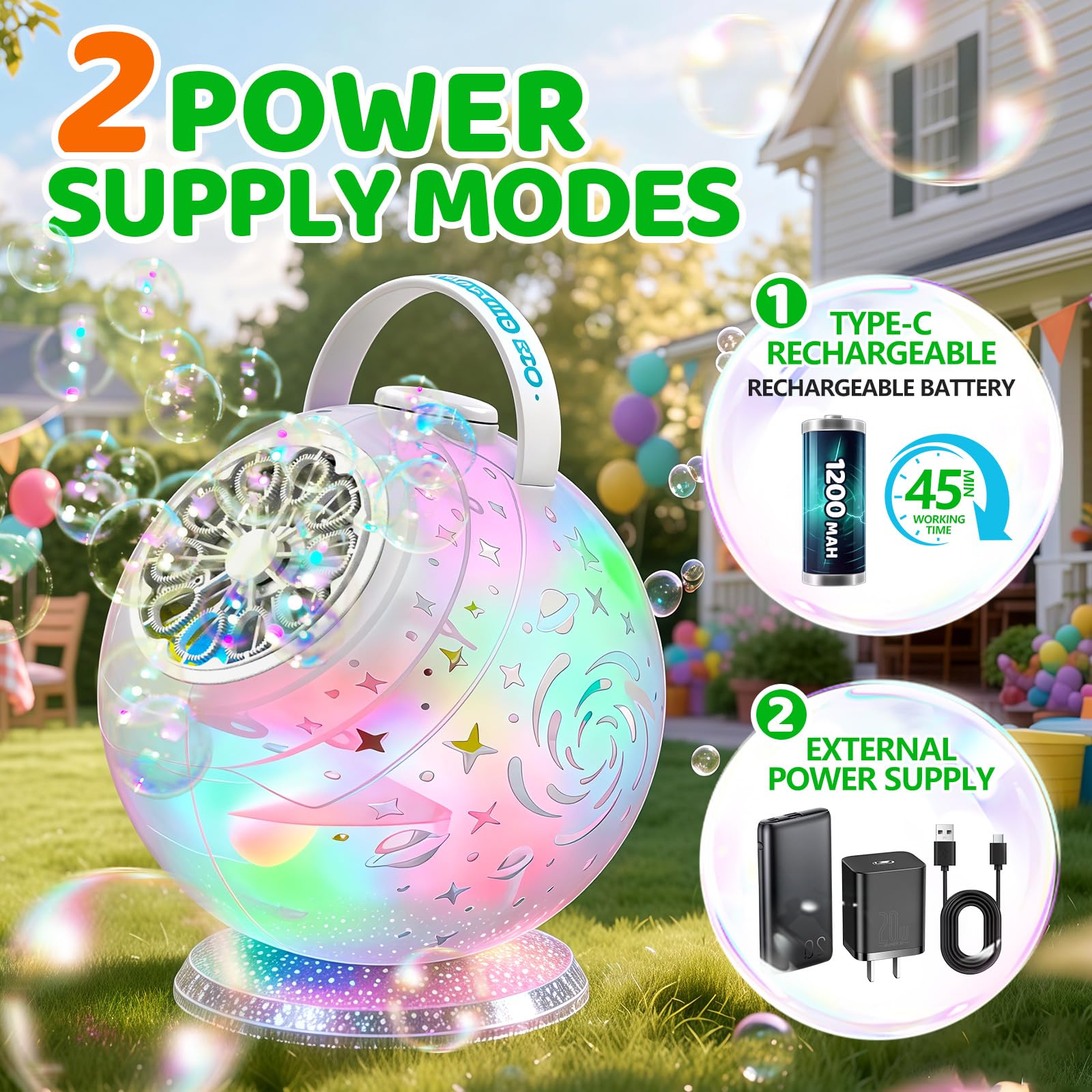 Tecnock Máquina de Burbujas Recargable con Mando a Distancia, Rotación 90°/360°, 20000+ Burbujas/Min, Luces LED de 7 Colores, Batería 1200 mAh, 45 Min de Autonomía, USB-C, para Niños, Fiestas y Bodas