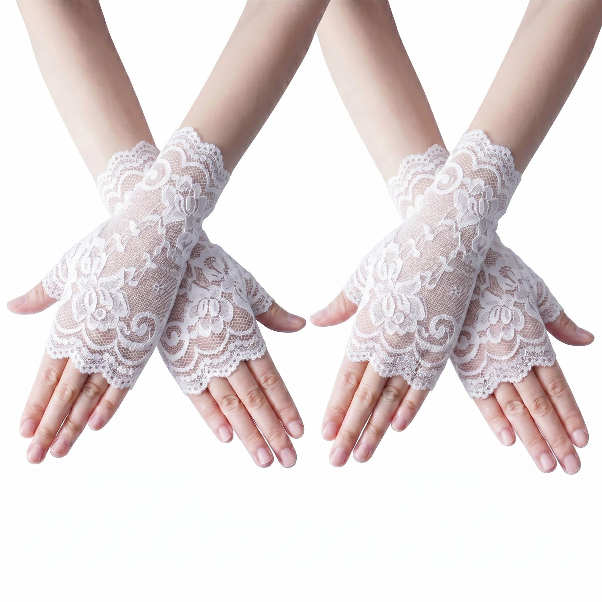 Leryavow 2 PairsGothic-style Opera Gala Wedding role-playing Lace Gloves White White