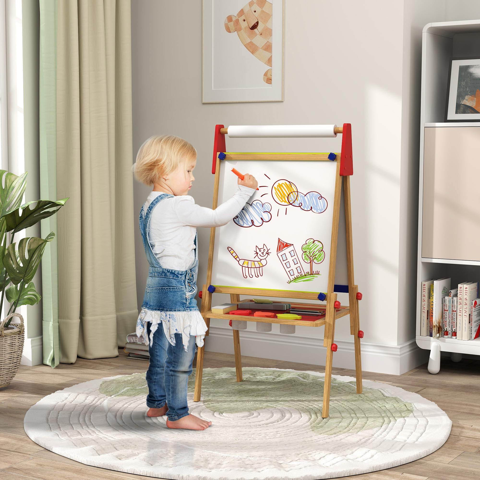 3 en 1 tableau enfants double face avec rouleau de papier, 2 étagères 3 en 1 tableau enfants double face avec rouleau de papier, 2 étagères