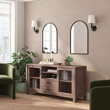 Merrick Lane Agustin 59 in. Two-Drawer Engineered Wood Buffet Sideboard Cabinet with Open Shelf, Two Tempered Glass Cabinet Doors for Dining Room/Kitchen - Brown