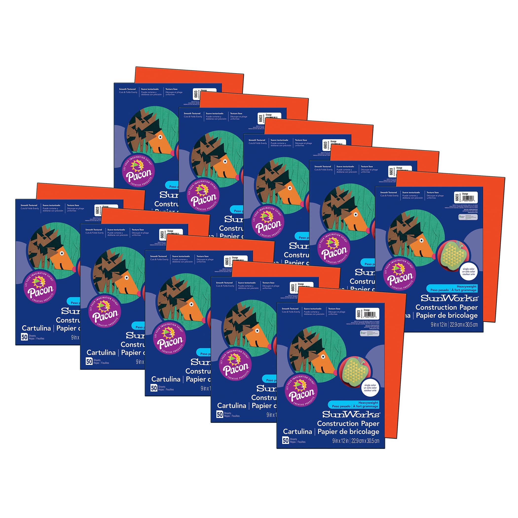SunWorks(r) Construction Paper, Orange, 9" x 12", 50 Sheets Per Pack, 10 Packs