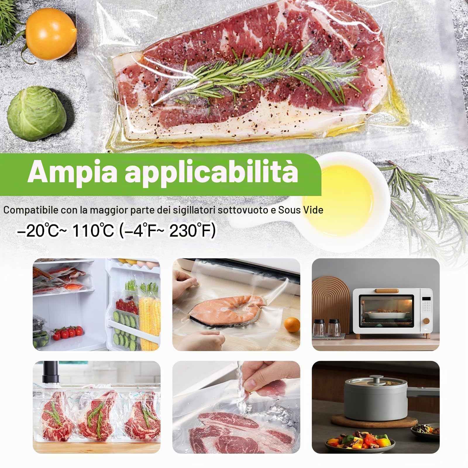 Sacchetti Sottovuoto Alimenti, 30x600cm, 4 Rotoli, Buste Sottovuoto Alimenti Senza BPA, Rotolo Sottovuoto Alimenti Per Macchina Sottovuoto e Cottura Sous Vide