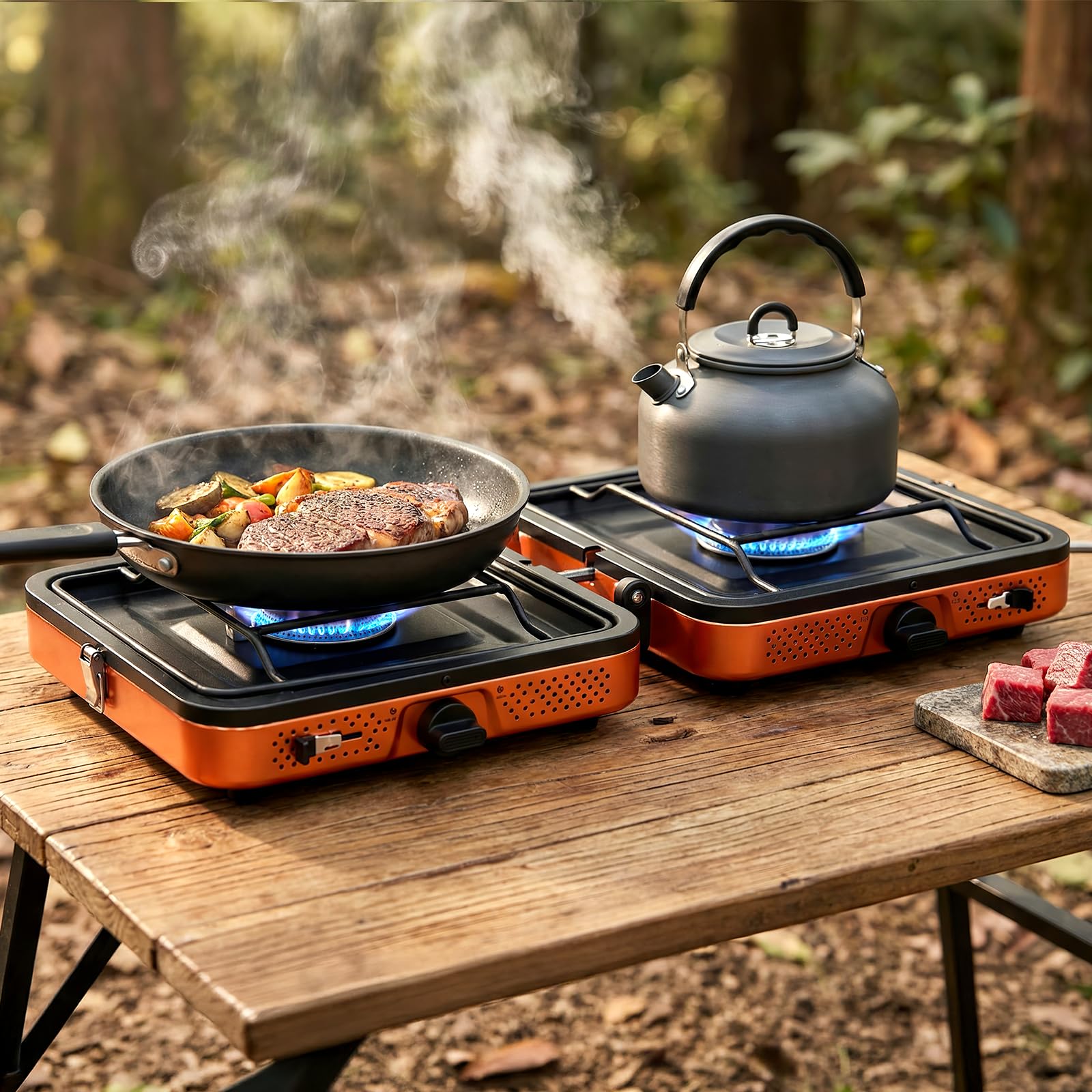 Hornillo portátil de 2 quemadores, 4400 W, potente hornillo de gas para cocinar al aire libre, estufa de camping plegable con encendido para mochileros, picnics, viajes