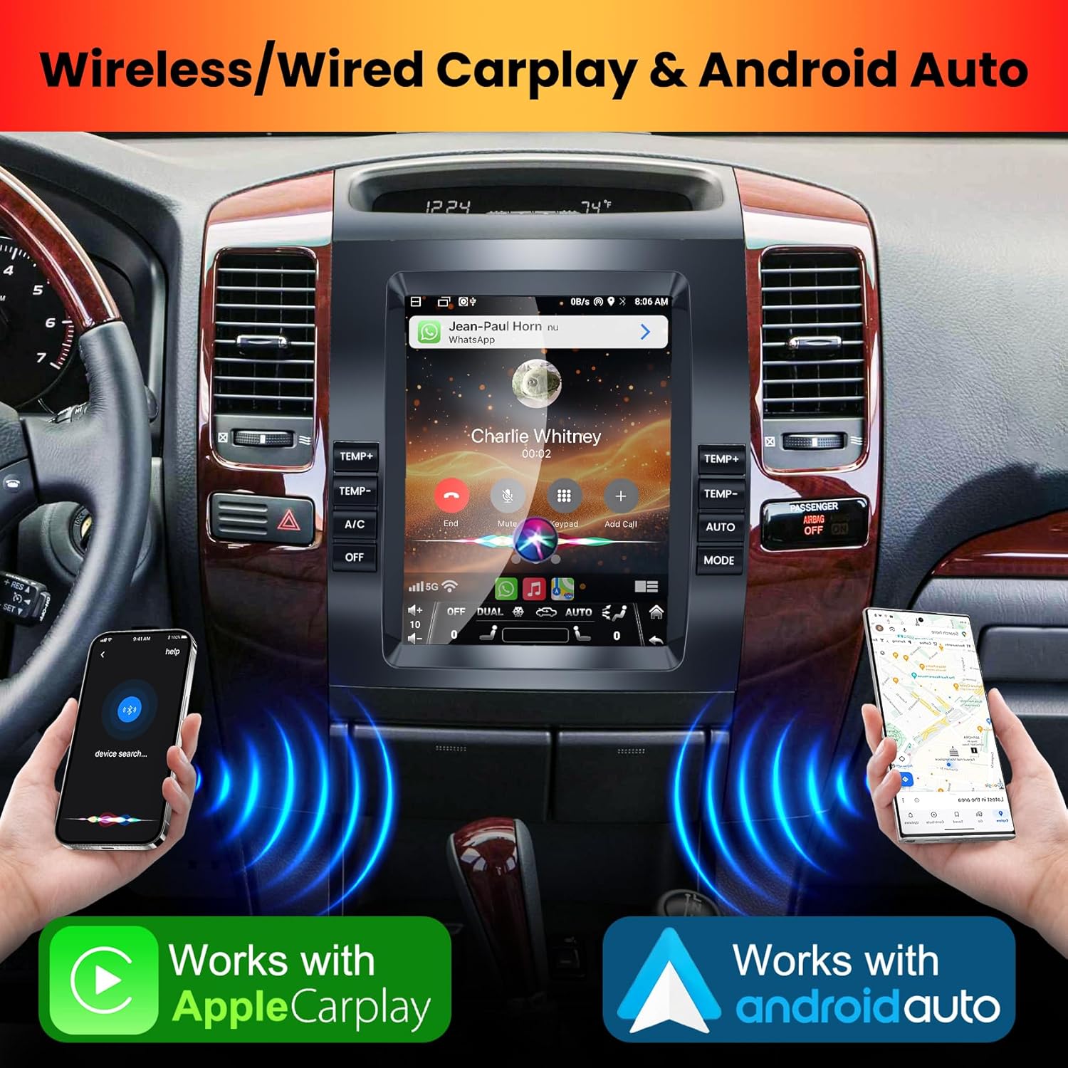 Screenshot of the electrosmart 9.7 Inch Car Radio display showing Apple CarPlay and Android Auto interfaces, with phones wirelessly connected.