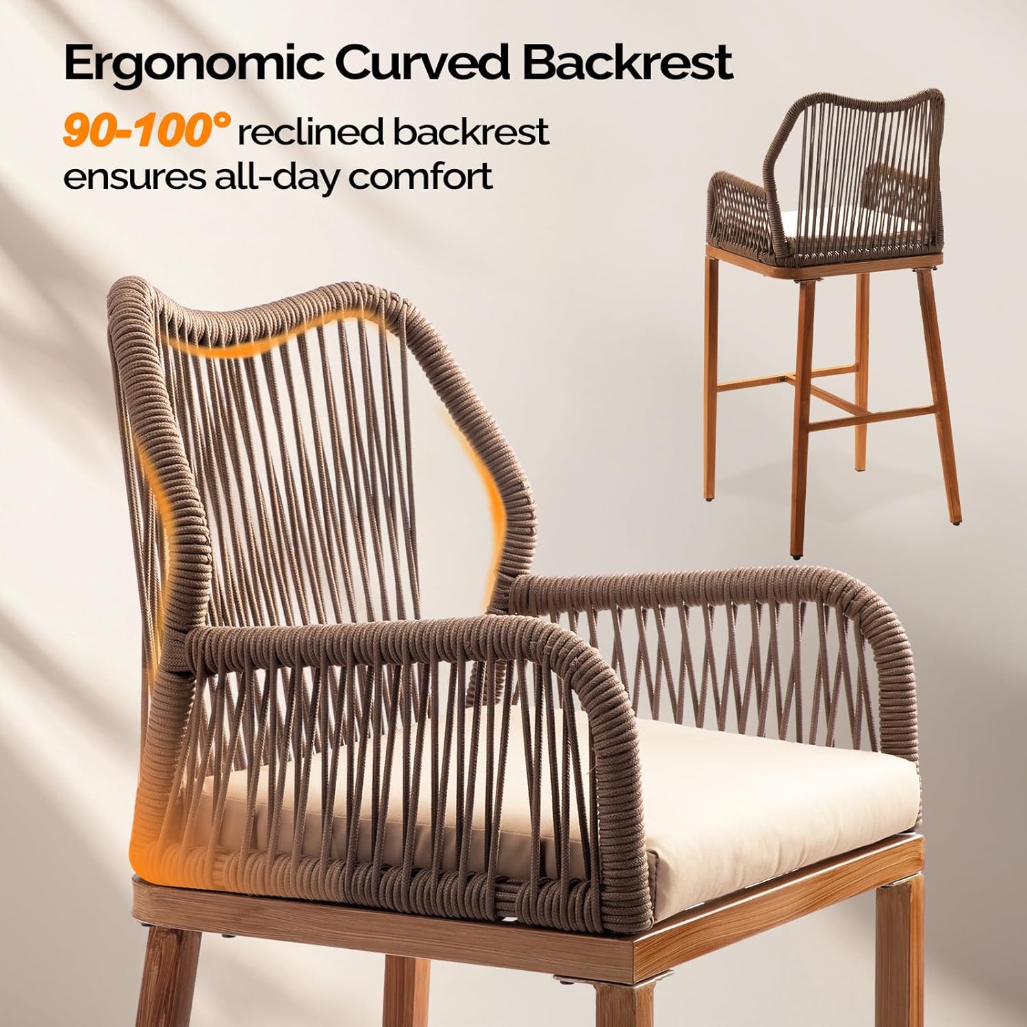 Close-up image highlighting the 2-inch highly elastic seat cushion and high armrest design of the VINGLI bar stool.