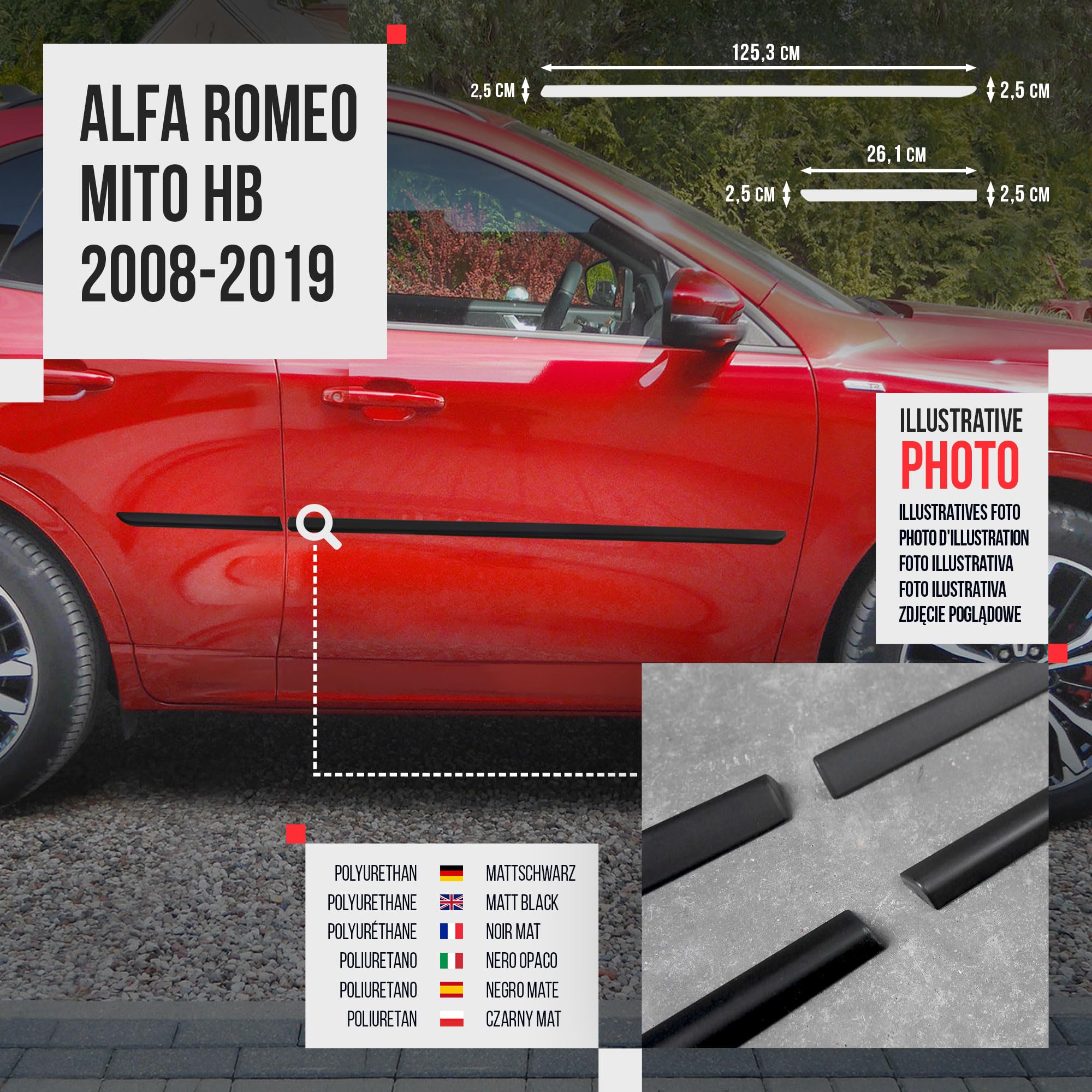 CHROMEMASTER | Modanature Laterali | Compatibile con Alfa Romeo Mito Hatchback 2008-2019 | Plastica Le Modanature Laterali Proteggono la Vernice Della Portiera Dell'auto da Graffi e Danni