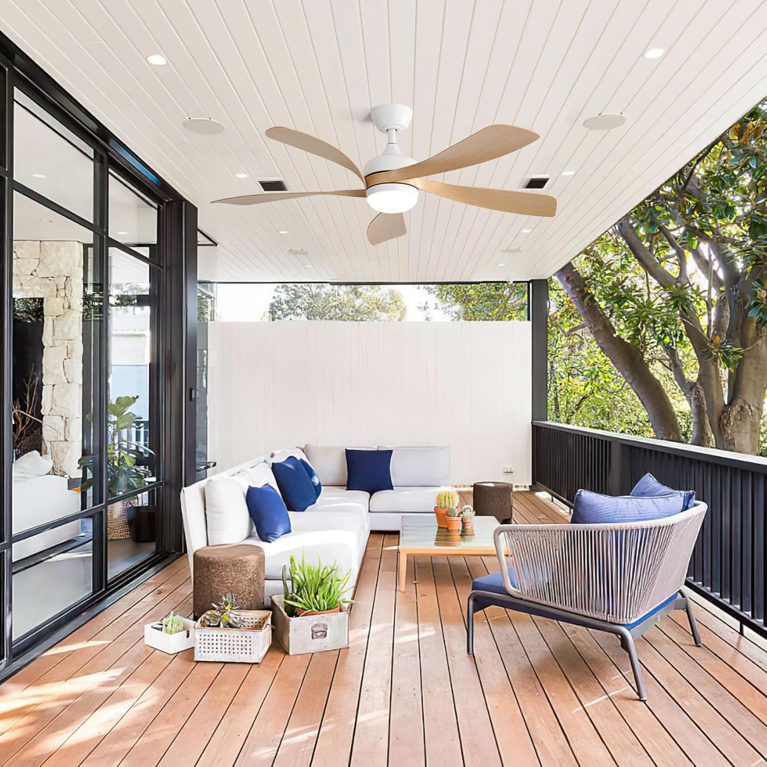 52 Inch Modern Led Ceiling Fan with 3 Color Dimmable 5 ABS Blades Remote Control Reversible DC Motor White for Bedroom