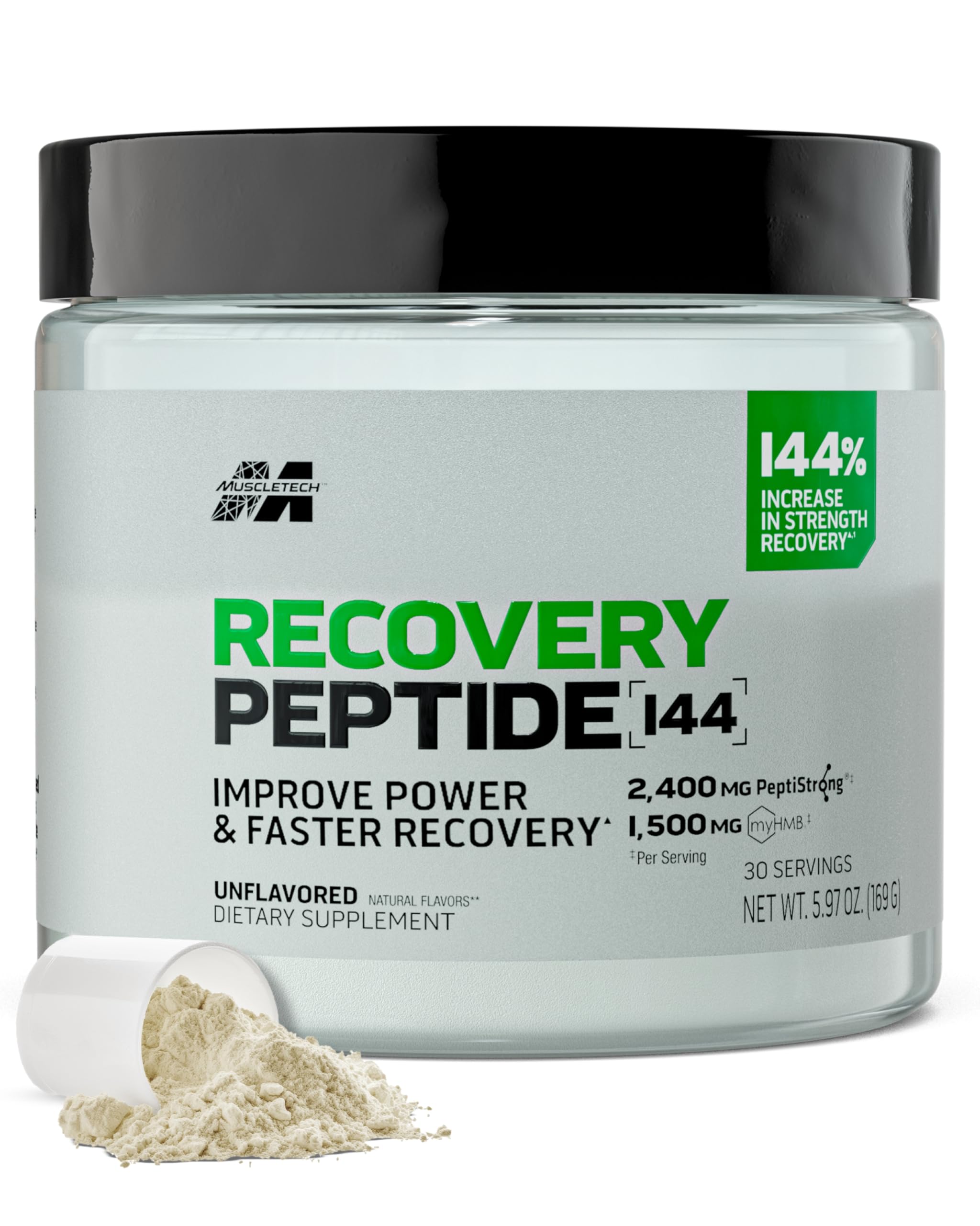 MuscleTech Recovery Peptide Powder - 2400mg of PeptiStrong for Faster, Improved Muscle Strength & Recovery - HMB, Calcium & Protein Helps Maintain Muscle Health - Unflavored, 144