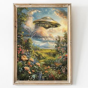 لوحة فنية جدارية من قماش UFO قديم، حقل زهور برية، عمل فني غربي عتيق، صور زهور برية، ملصق UFO قديم، لوحة زهور برية قديمة، مطبوعات فنية عامة لـ UFO، قماش سفينة فضاء مخدر 16x24 بوصة بدون إطار