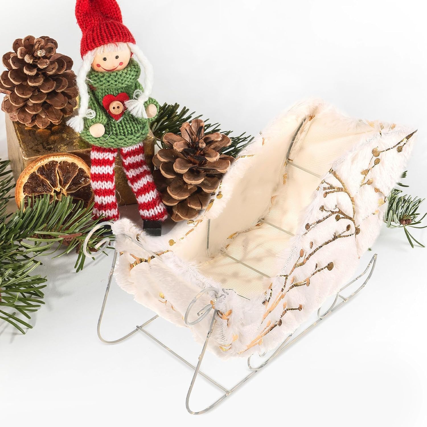 White Metal Suede Christmas Sleigh Ornament for Holiday Tabletop Decor