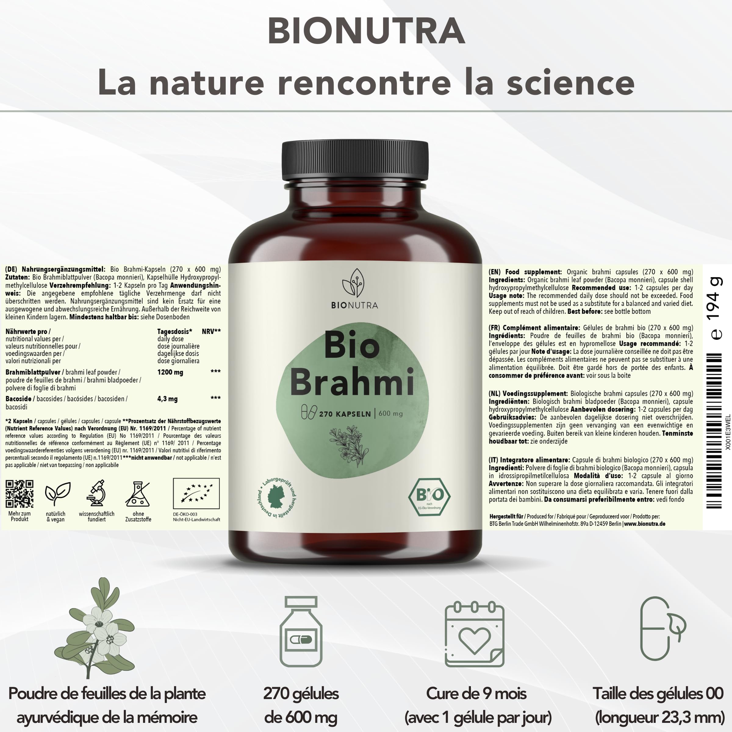 BIONUTRA® Gélules de Brahmi bio hautement dosées, 1200 mg/jour, contrôlées résidus, fabrication allemande, véganes, sans lactose, gluten ni additifs, Bacopa monnieri bio, 270 pièces x 600 mg