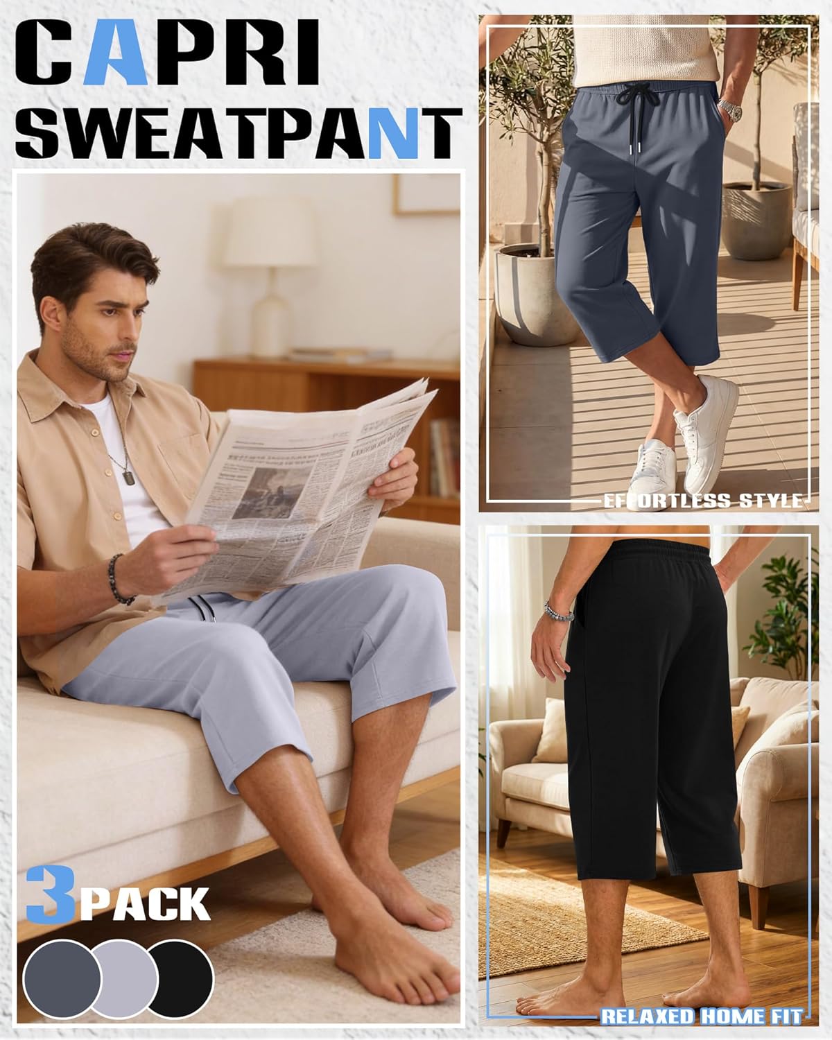 Neer 3 Pack Men's Baggy Capri Pants Plus Size Below Knee Casual 3/4 Shorts Big and Tall Summer Drawstring Pants with Pockets - Image 6