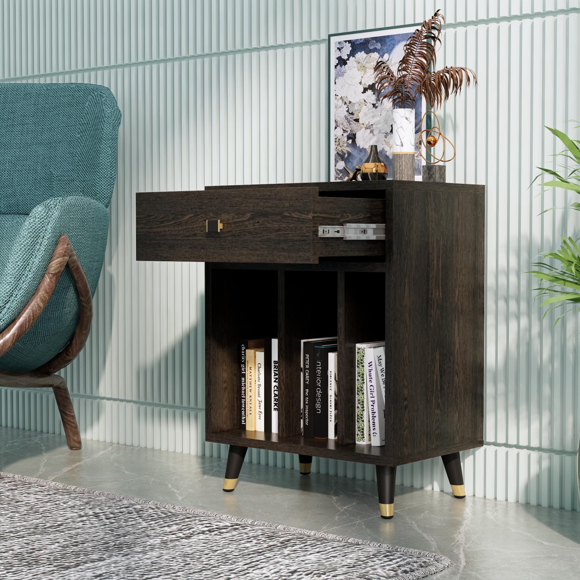 Bed Side Table for Bedroom with 1-Drawer, Small Side Table Bedside Furniture, Nightstand, End Table with Metal Legs for Bedroom RRT (Flower Wenge)-picture-13