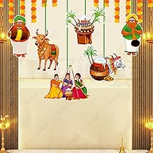 Zyozique® Pongal Festival Decorations Ceiling Hanging for Wall, Indian Harvest Celebration Theme, Decorative Wall Decals with Traditional Characters and Pots (Pack of 7)