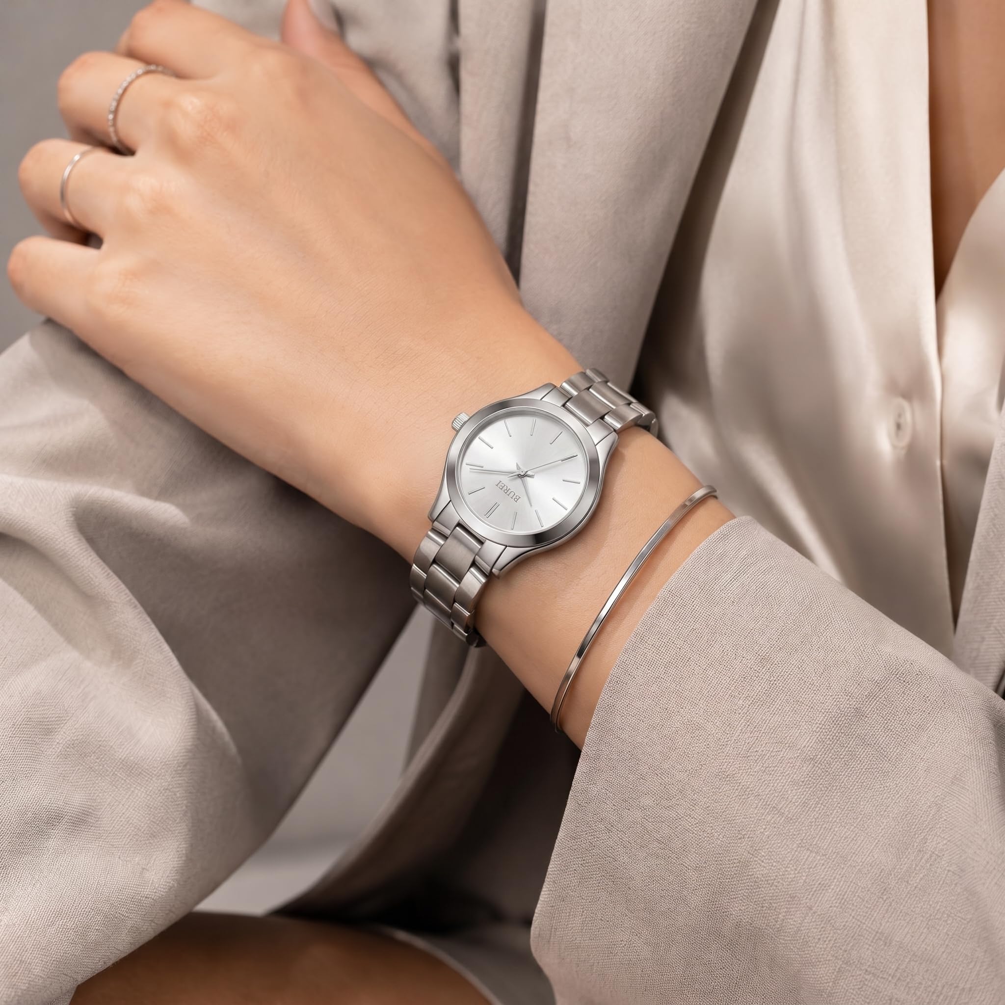 BUREI Reloj de Pulsera analógico Minimalista de Cuarzo para Mujer, clásico, Acero Inoxidable, Regalo para Mujer