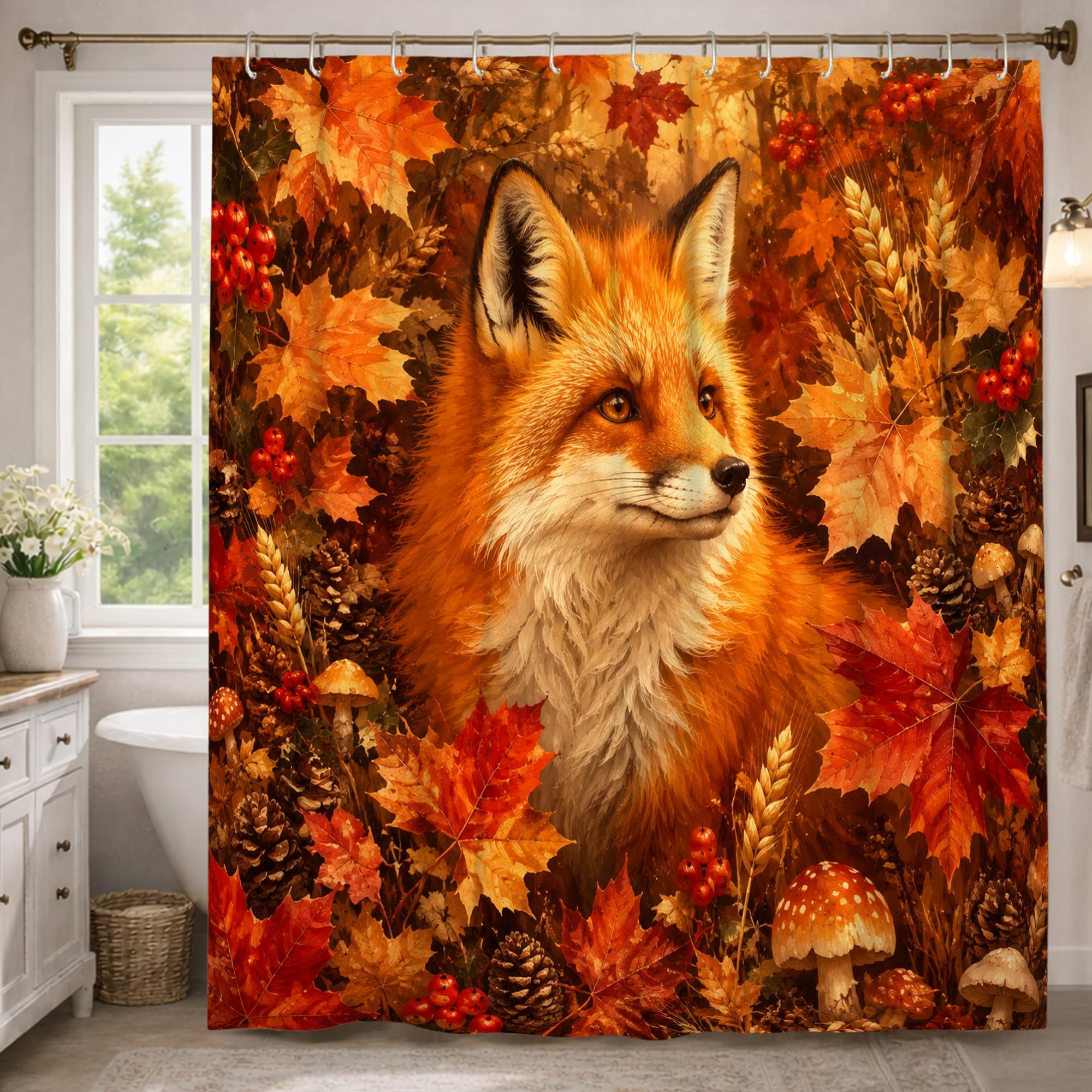 Rideau de douche extra long renard automne et champignon 183x243 cm