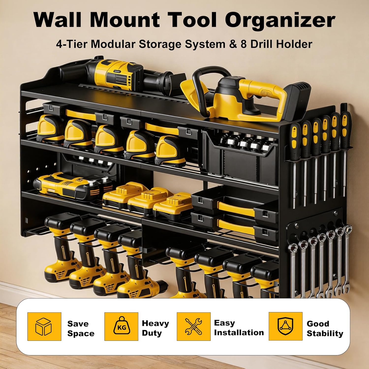 oviitech Large Power Tool Organizer Wall Mount, 8 Drill Holder Wall Mount Loads 400lbs, 4 Layer Heavy Duty Metal Power Tool Storage, Black, Utility Rack for Garage Workshop, Gifts for Men