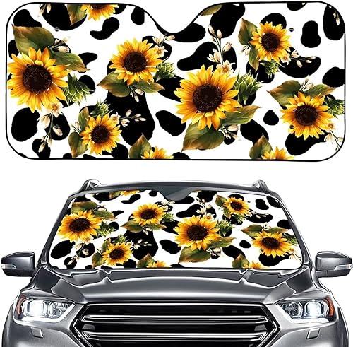 Renewold Parasol plegable para parabrisas de automóvil, con estampado de vaca y girasol, bloquea los rayos UV, tamaño universal para la mayoría de