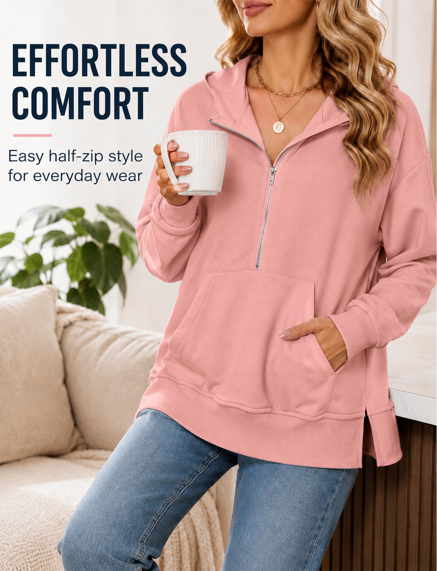 FEOYA Damska bluza z kapturem, oversize, z zamkiem błyskawicznym, z długim