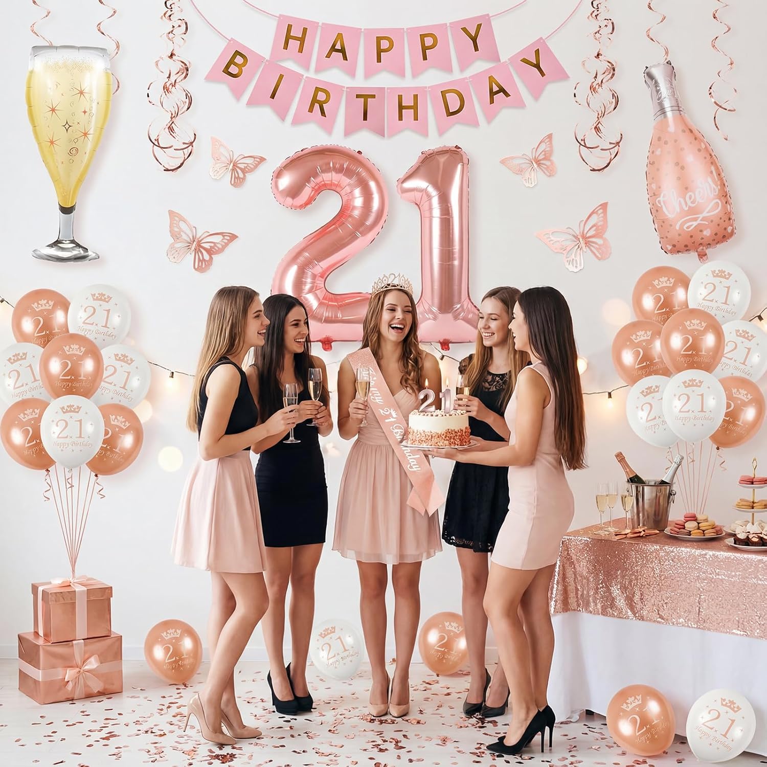 21st Birthday Decorations for Her ZJDZTK,Including Rose Gold 21st Birthday Sash,Crown,40in Digital Balloons,Wine Bottle Wine Glass Balloons,Digital Candles,Butterfly Decor,Hanging Swirls,Balloon Set - Image 5