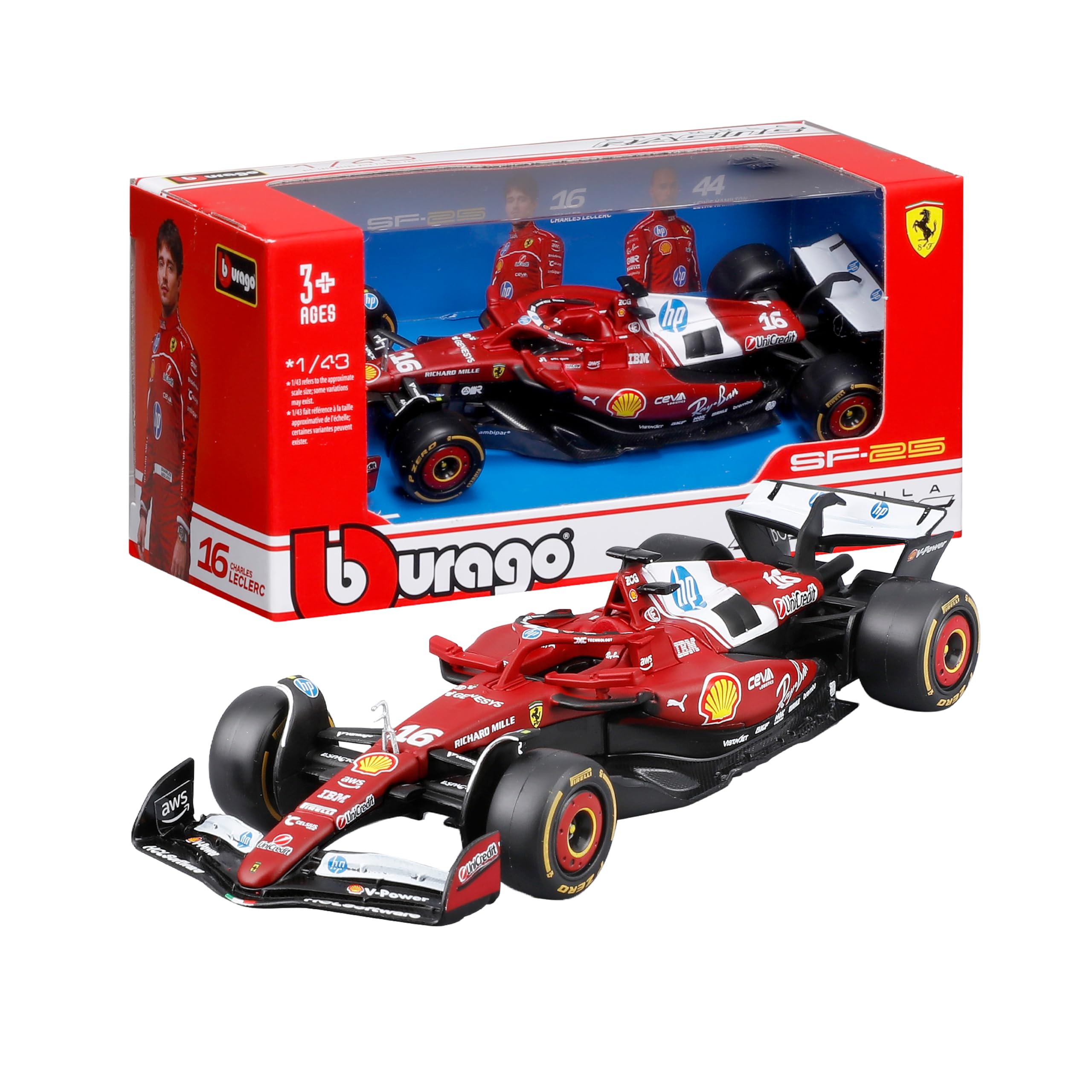 Bburago Ferrari SF-25 F1 2025#16 Leclerc Diecast Model Car 1:43 Realistic Miniature F1 Car with Official Ferrari Licence, Recommended Ages 3+, Red