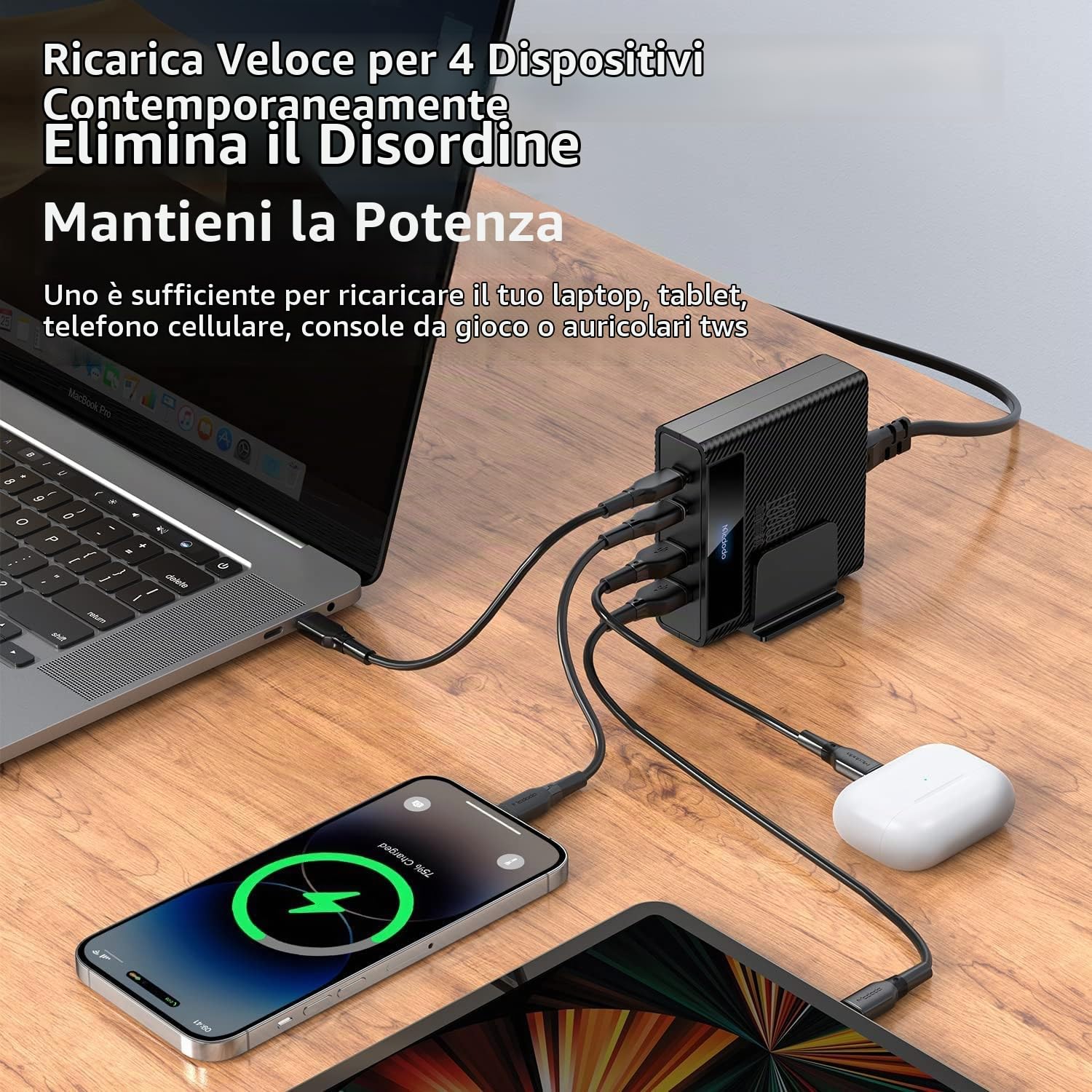 Mcdodo Caricatore USB C 100W Rapido a 4 Porte Con Cavo - GaN per iPad MacBook/Pro/Air, Lenovo, Dell, Phone, Samsung
