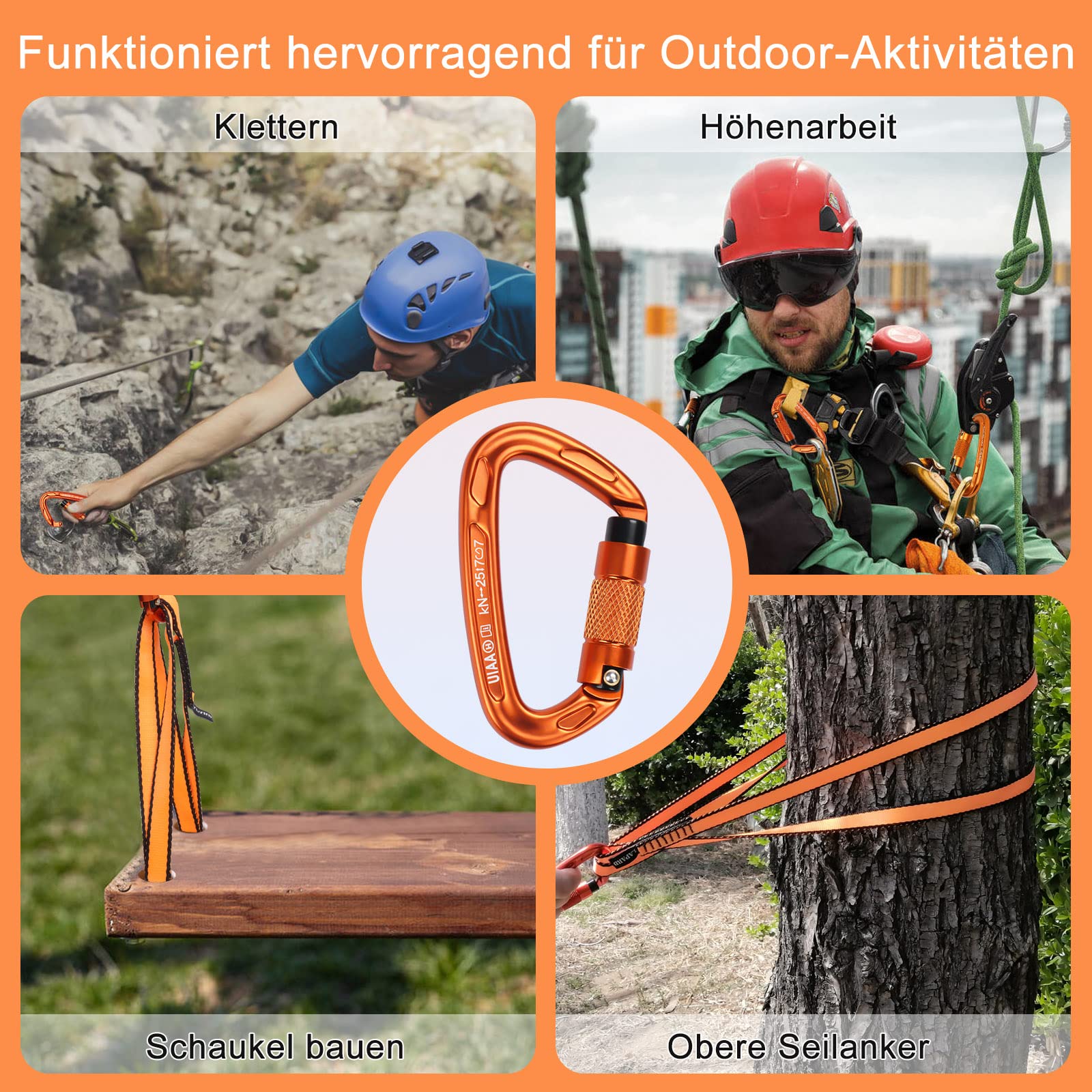 Karabiner Klettern Kletterausrüstung, 2 Stück UIAA-Zertifiziert 25KN Auto Locking Kletterkarabiner Clips +2 Stück 22KN Nylon Seil，zum Klettern, Bergsteigen, Wandern