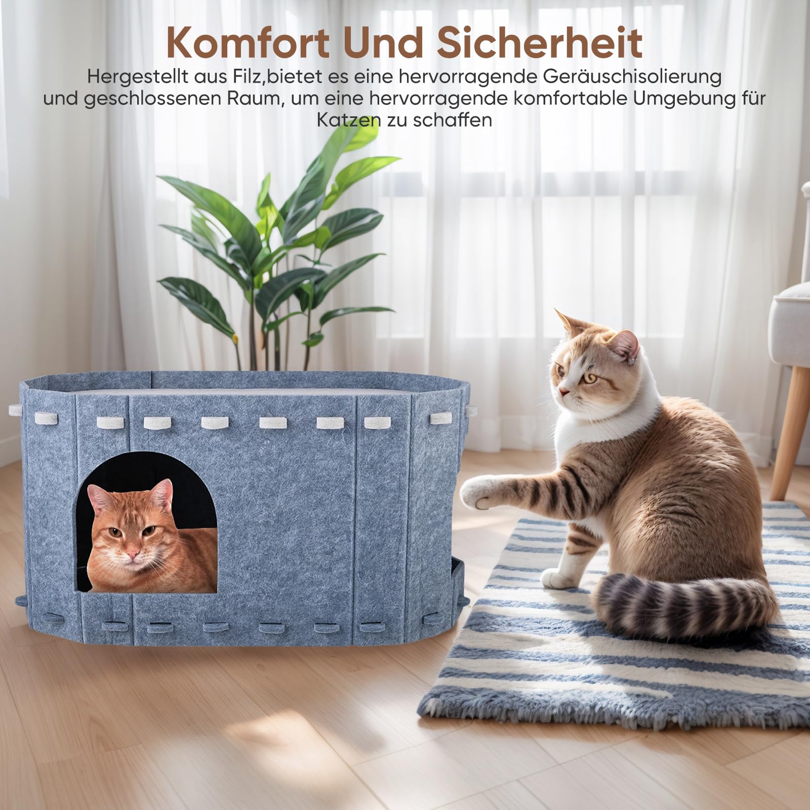Filz Katzenhöhle Zweistöckig, Abnehmbare Waschbare Katzenhaus mit Doppelseitiger Matte, 58x33x30cm Kratzfest Katzenbett für Indoor Katzen, Vierjahreszeiten Geeignet